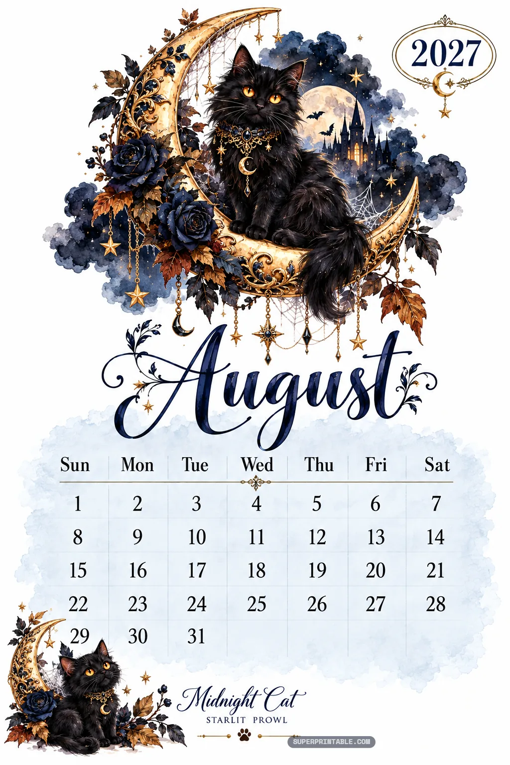 August calendar page displaying a fluffy black cat sitting in a gilded crescent moon with stars