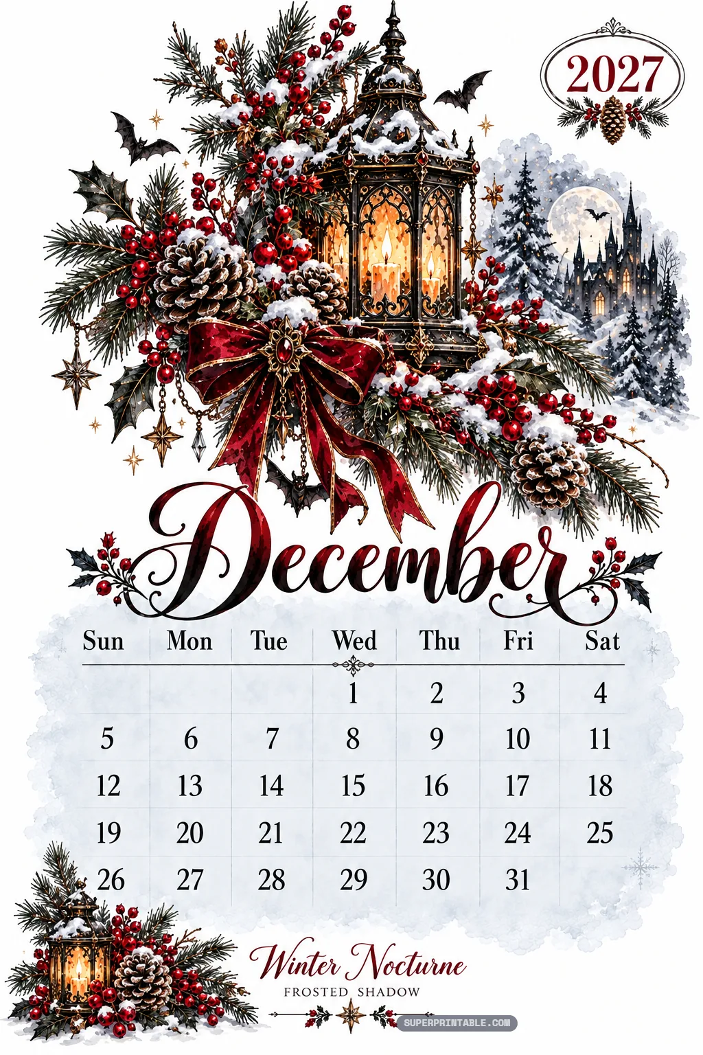December calendar page with a snow-covered candle lantern, frosted pinecones, and red berries