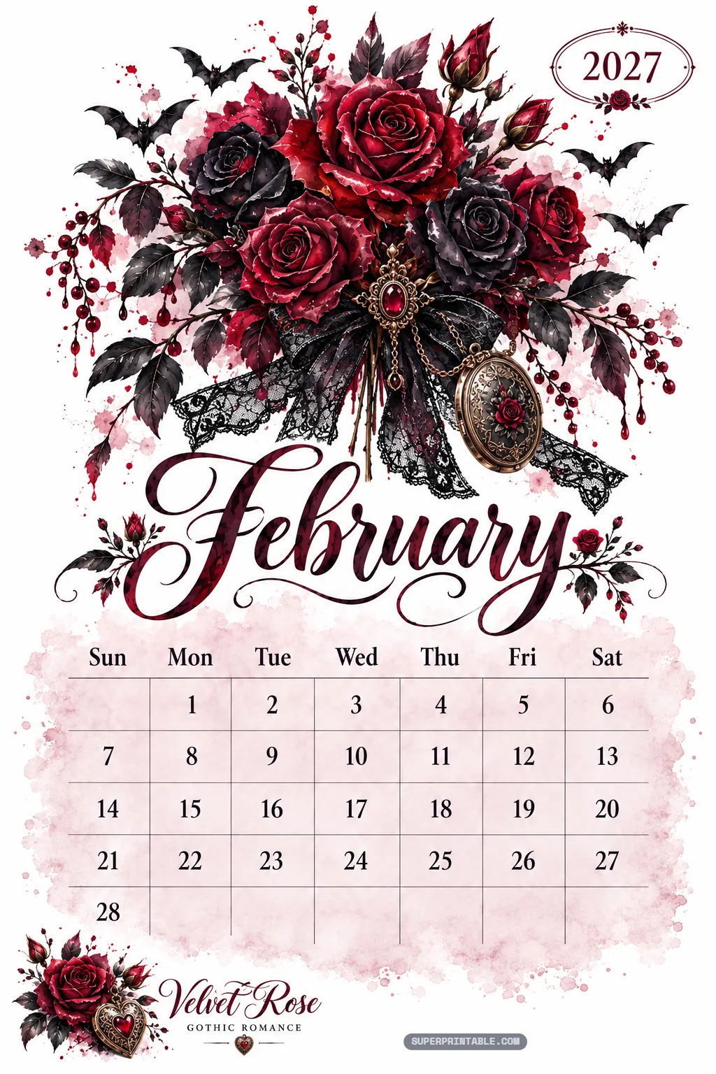February calendar page featuring crimson and black velvet roses with black lace and antique locket