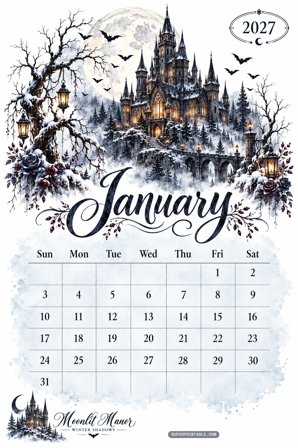 January page of the scary gothic haunted 2027 calendar showing a snowy castle and glowing lanterns