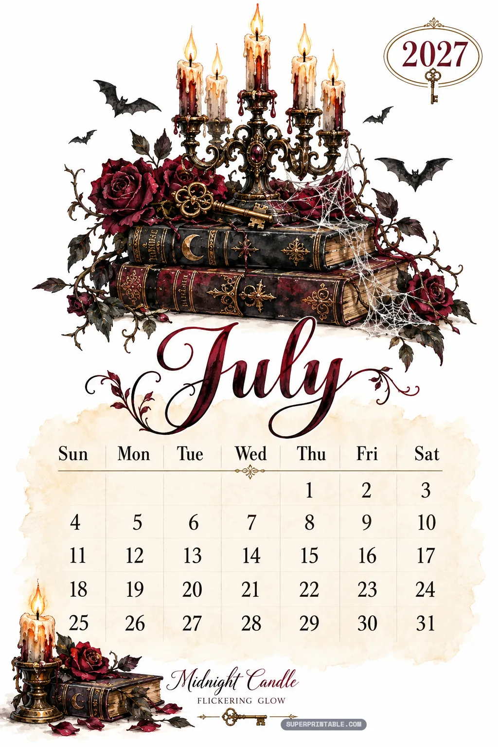 July calendar page featuring a vintage candelabra on antique leather books with red roses and bats