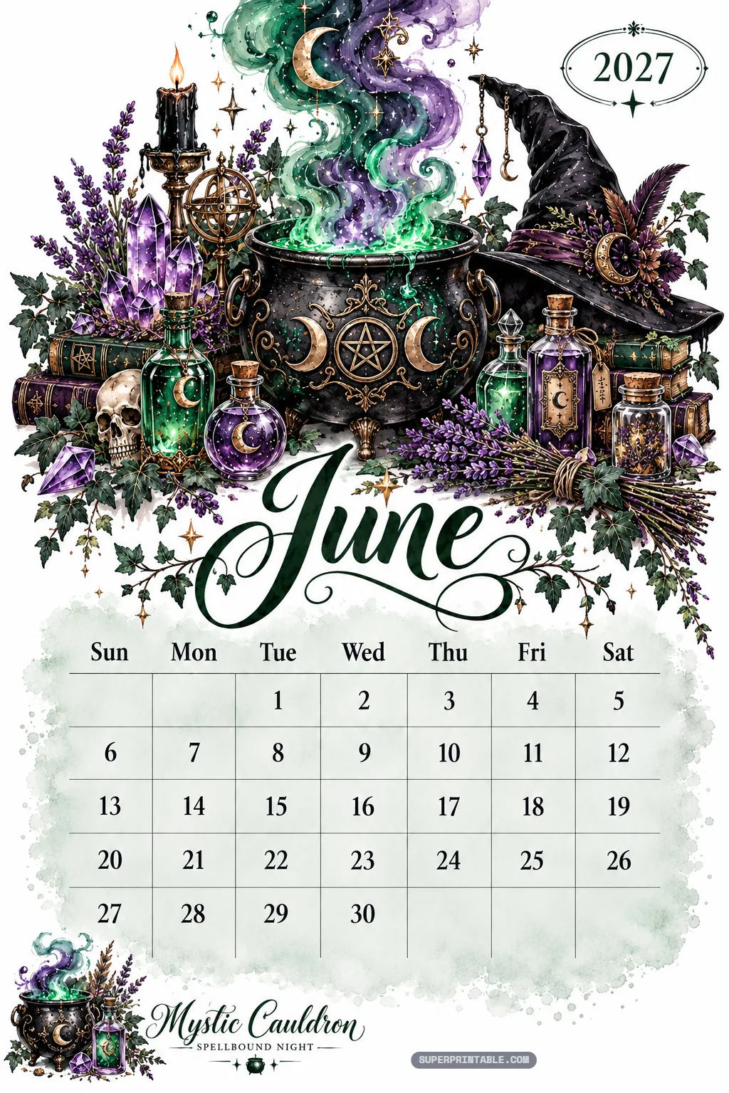 June calendar page decorated with a bubbling witch cauldron, magic potion bottles, and spellbooks