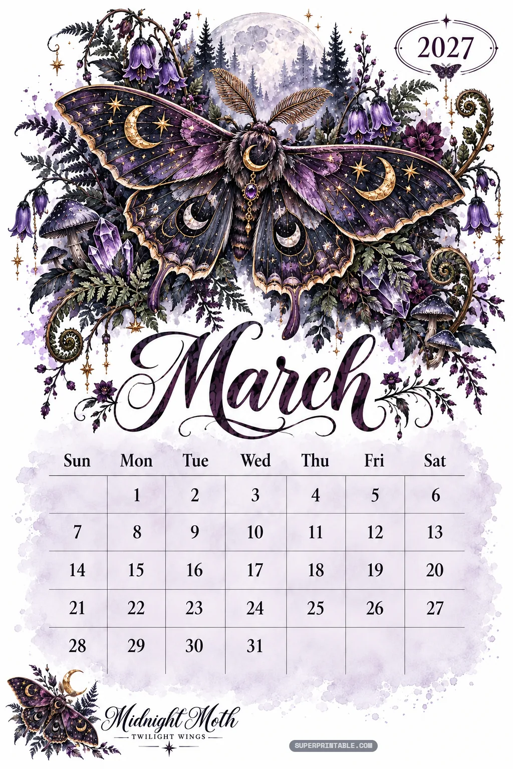 March calendar page illustrated with a celestial midnight moth, purple crystals, and forest ferns