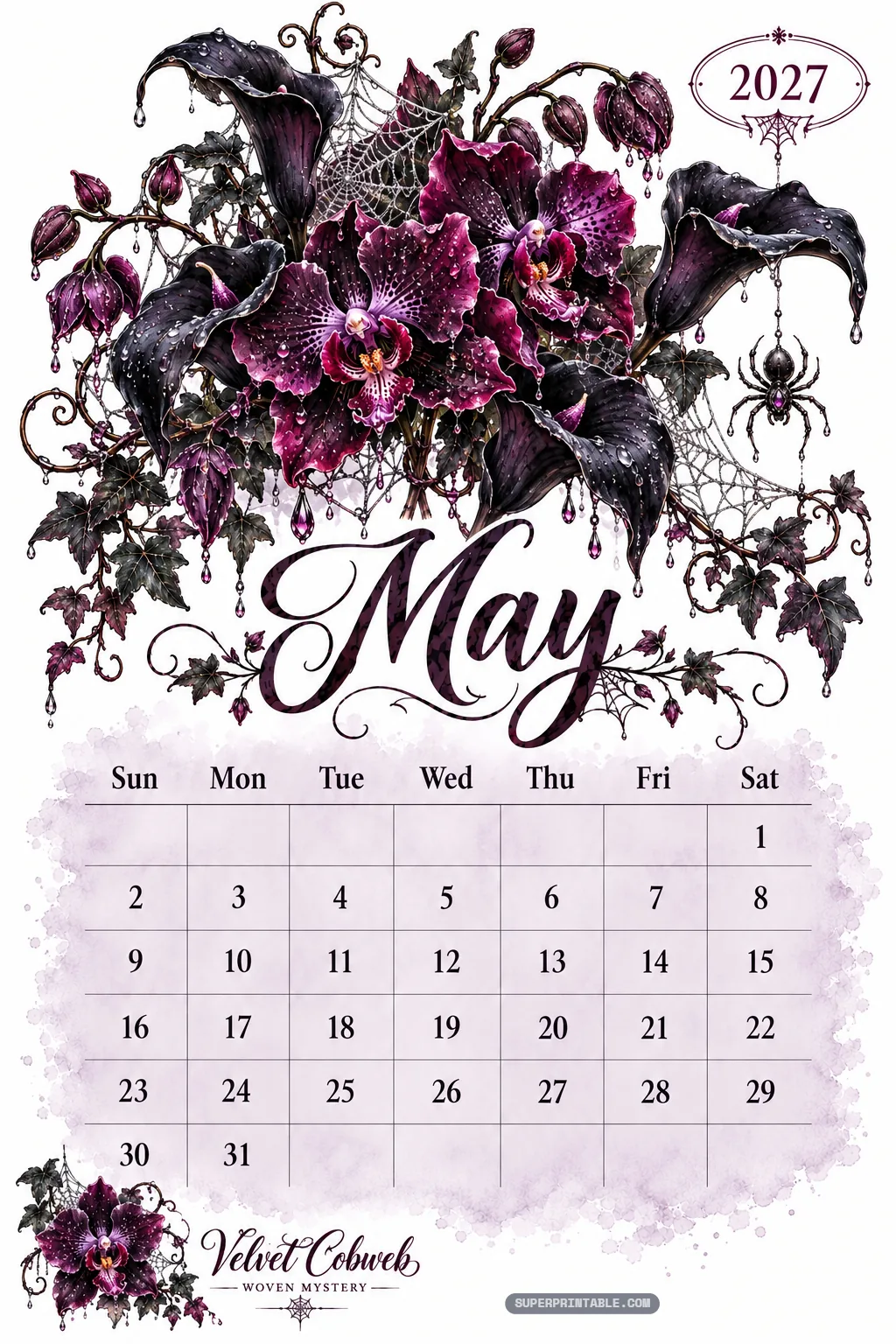 May calendar page showcasing dark purple orchids, black calla lilies, and a jeweled spider on web