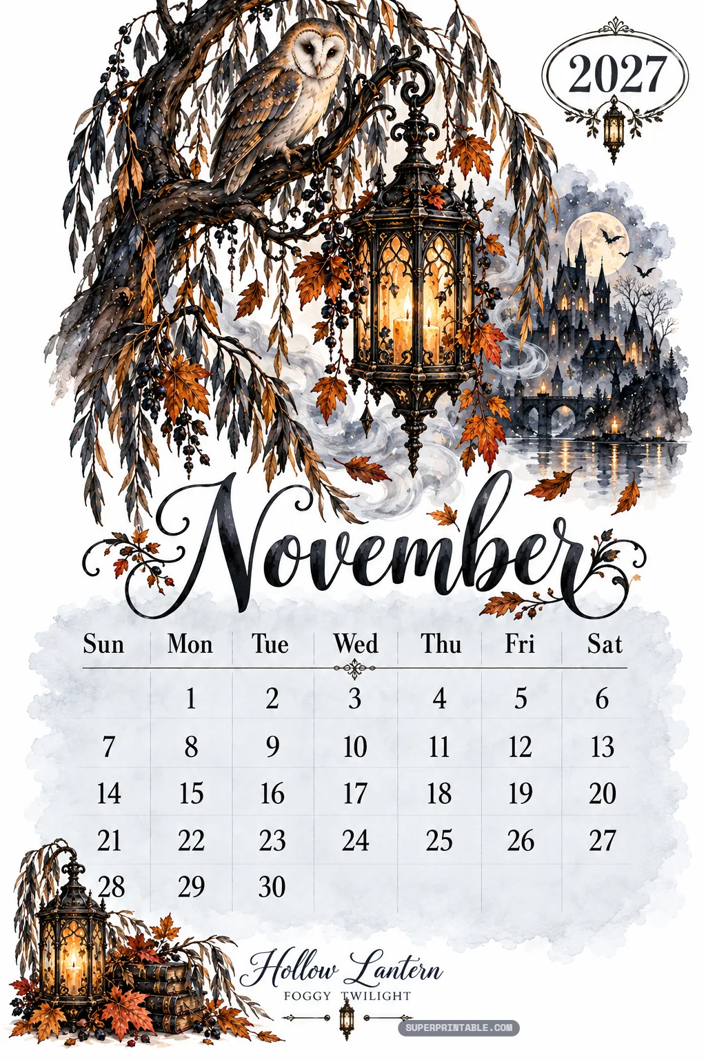 November calendar sheet showing a barn owl in a willow tree beside a glowing gothic candle lantern