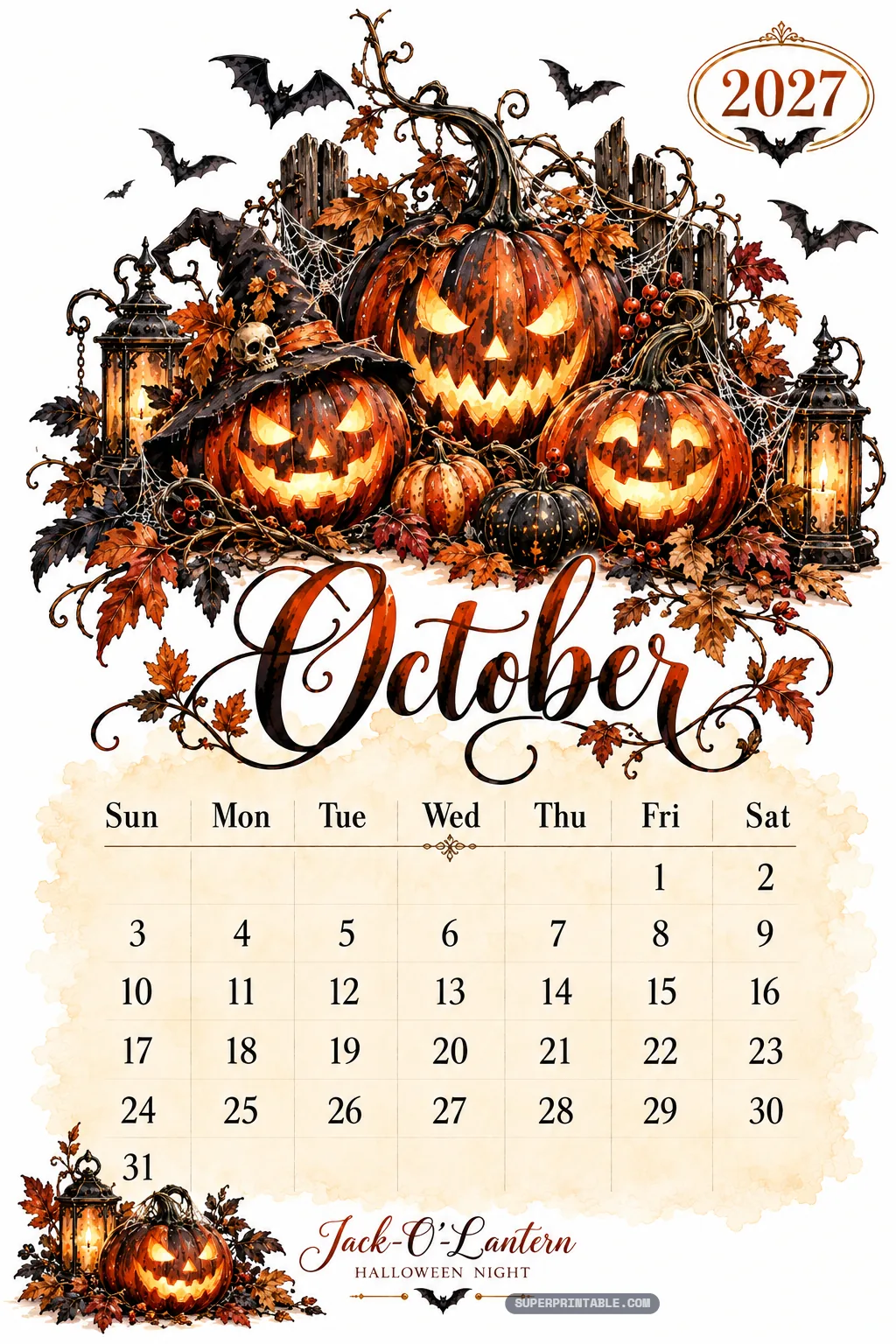 October page from the scary gothic haunted 2027 calendar with glowing carved jack-o-lanterns