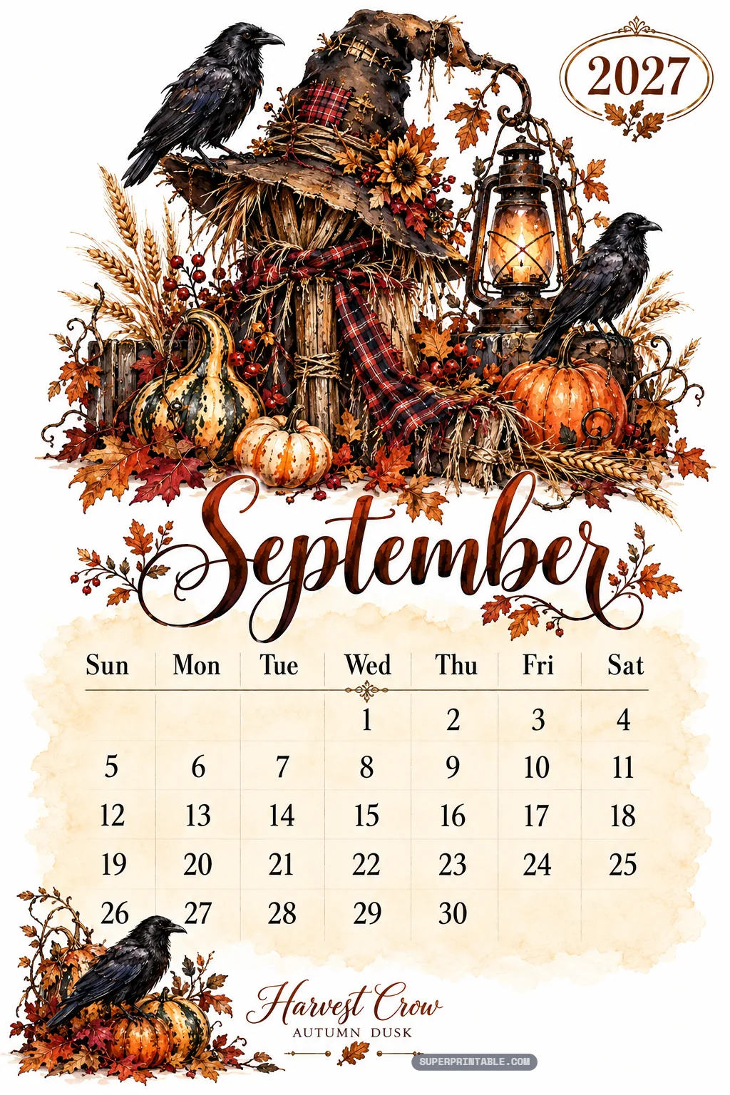 September calendar sheet depicting an autumn scarecrow, pumpkins, black crows, and a glowing lantern