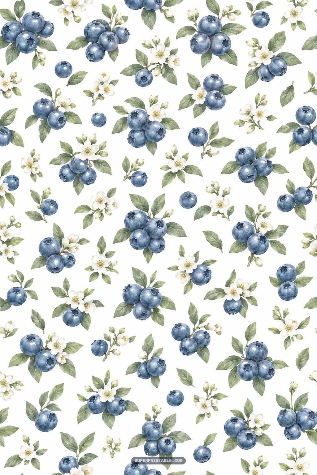 Blueberry meadow digital paper with lush watercolor blueberry clusters and white botanical blossoms on white