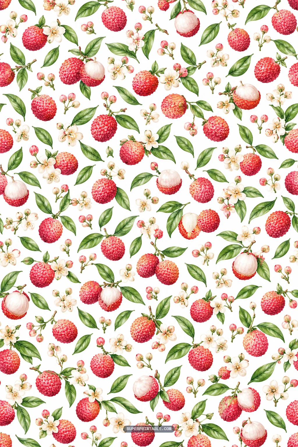 Lychee orchard digital papers presenting scattered red fruit, peeled lychees, and white blossom sprigs.