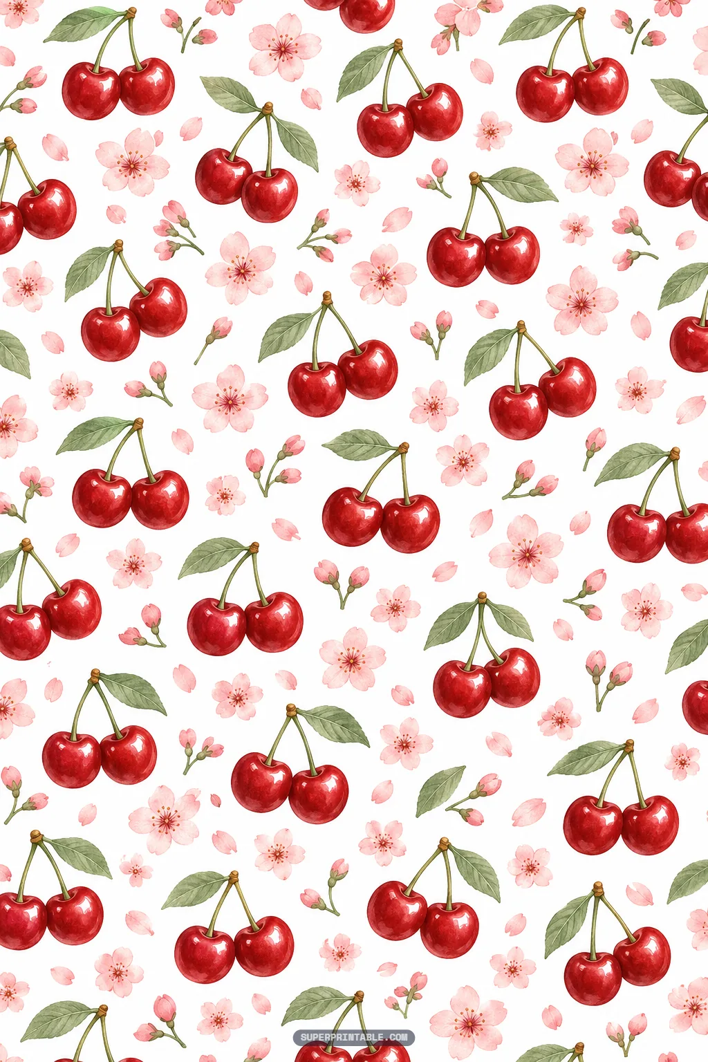 Scattered pairs of red cherries with soft pink sakura blooms and loose petals