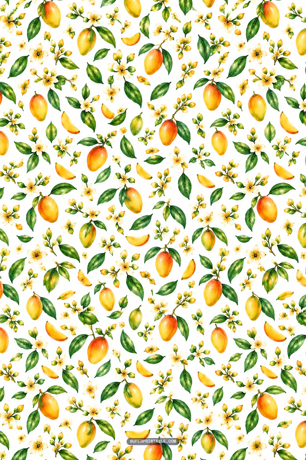 Light tossed watercolor pattern of small yellow mangoes, leafy twigs, and delicate blossom buds.