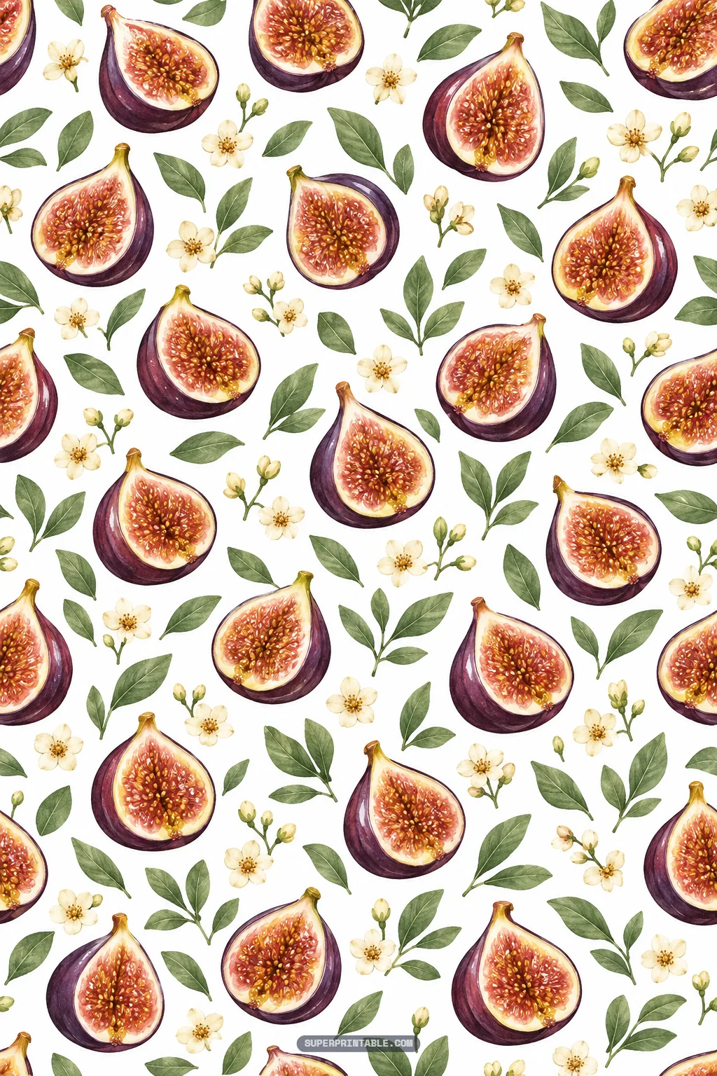 Fig and honey digital paper showing sliced ripe figs with seeded amber centers, dark green leaves, and white flowers