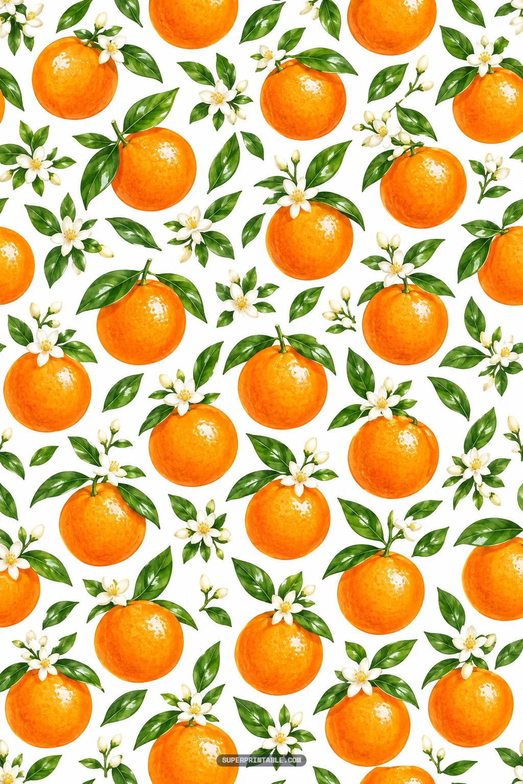 Orange grove digital paper showcasing scattered whole ripe oranges, delicate white blossoms, and rich green leaves