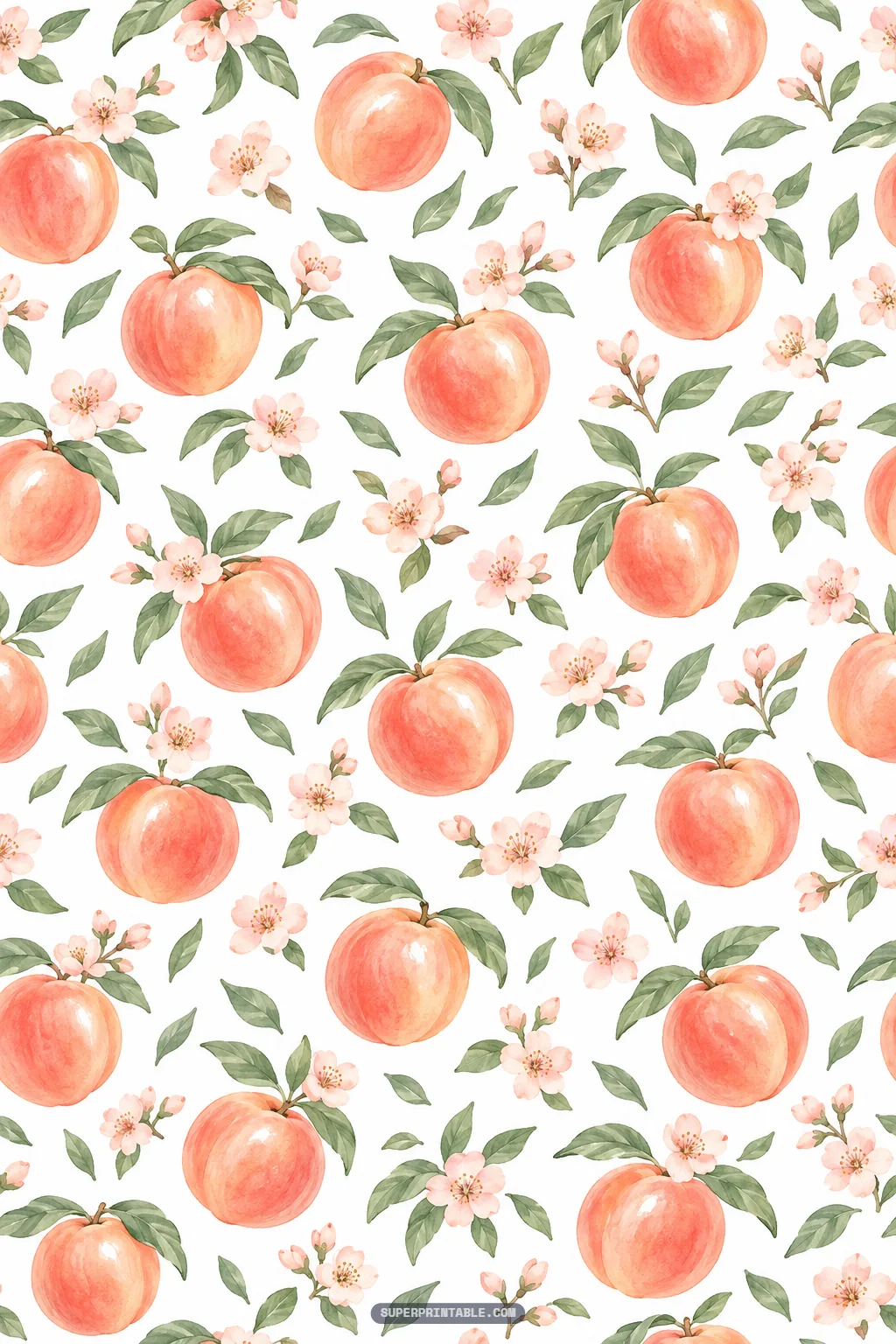 Allover watercolor pattern of blushing ripe peaches with leafy stems and blooming pink blossoms