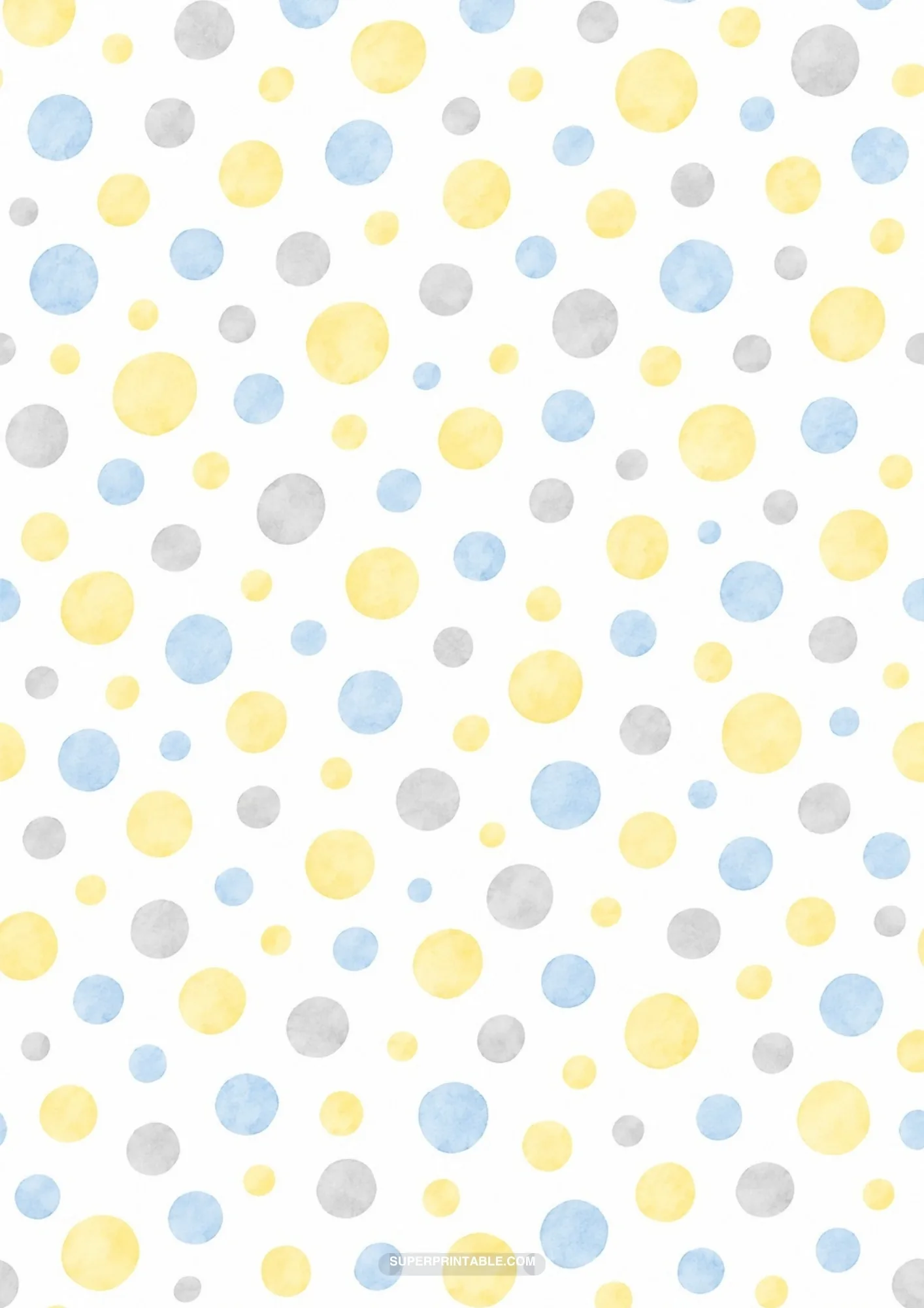Multisized watercolor polka dots floating in honey yellow, blue, and dove gray