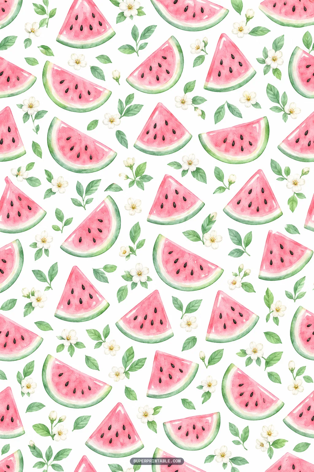 Scattered juicy watermelon slices with dark seeds paired with white blossoms and green leaves