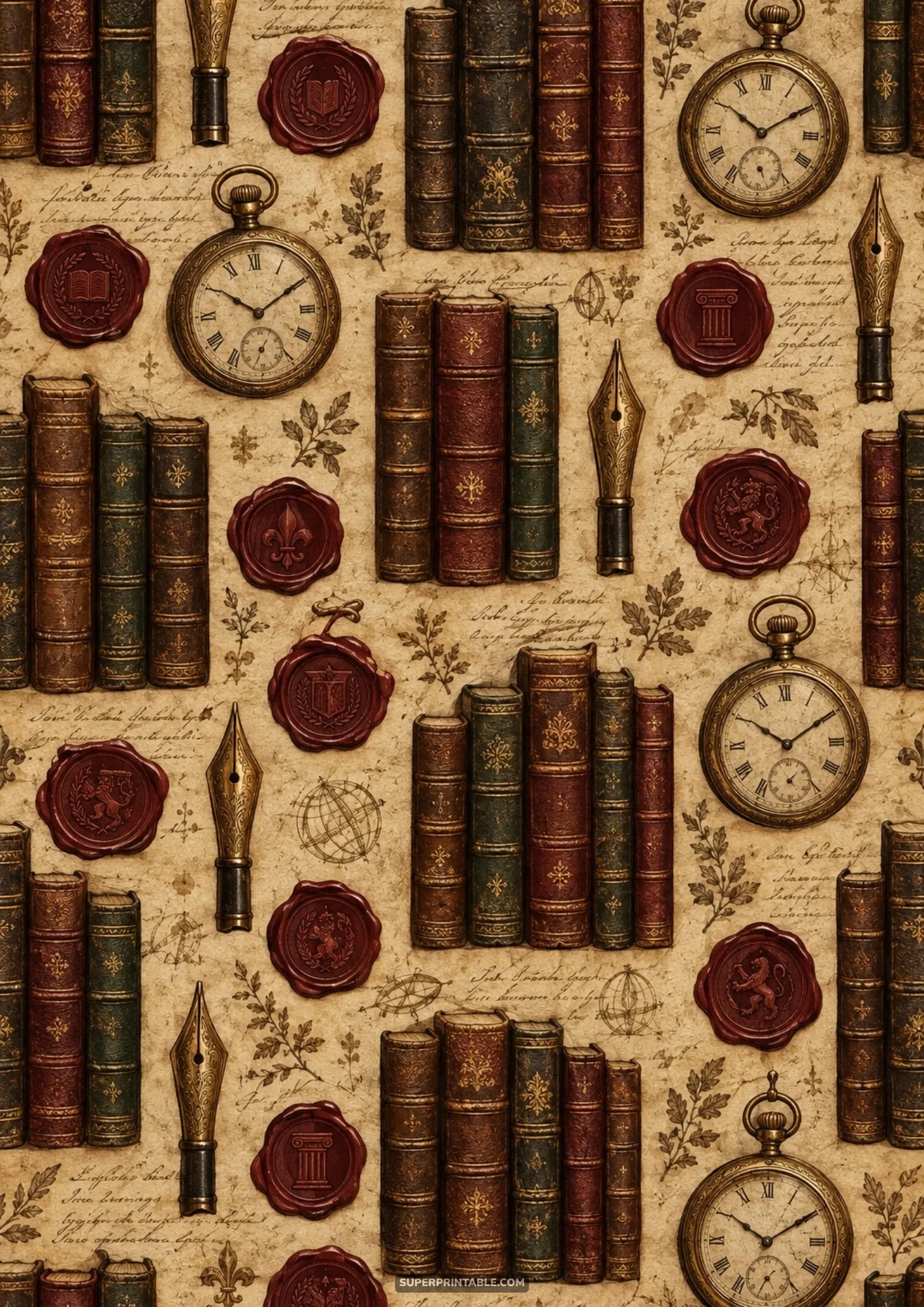 Vintage scholarly pattern of brass pocket watches, red wax seals, and calligraphy pen nibs