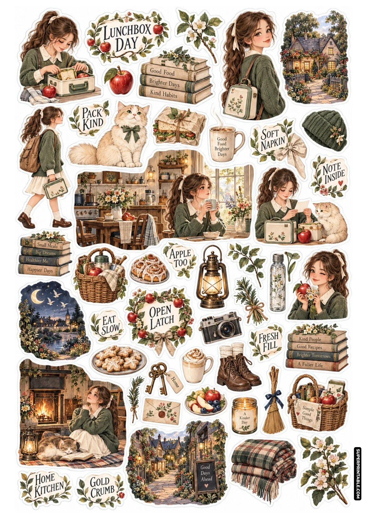 Cottagecore lunchbox sticker sheet displaying packed sandwiches, crisp apples, baked rolls, and cozy tea.