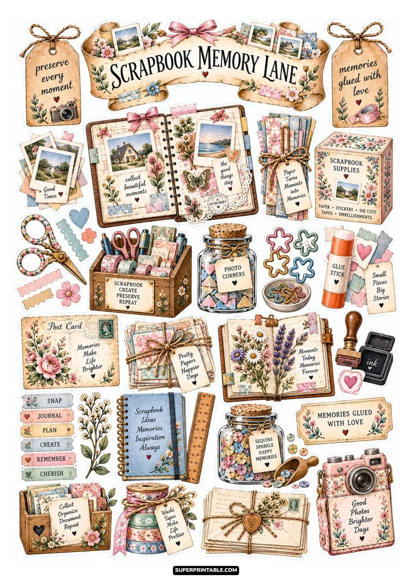 Scrapbook memory lane sticker sheet featuring vintage cameras, instant photos, glue sticks, and photo corners.