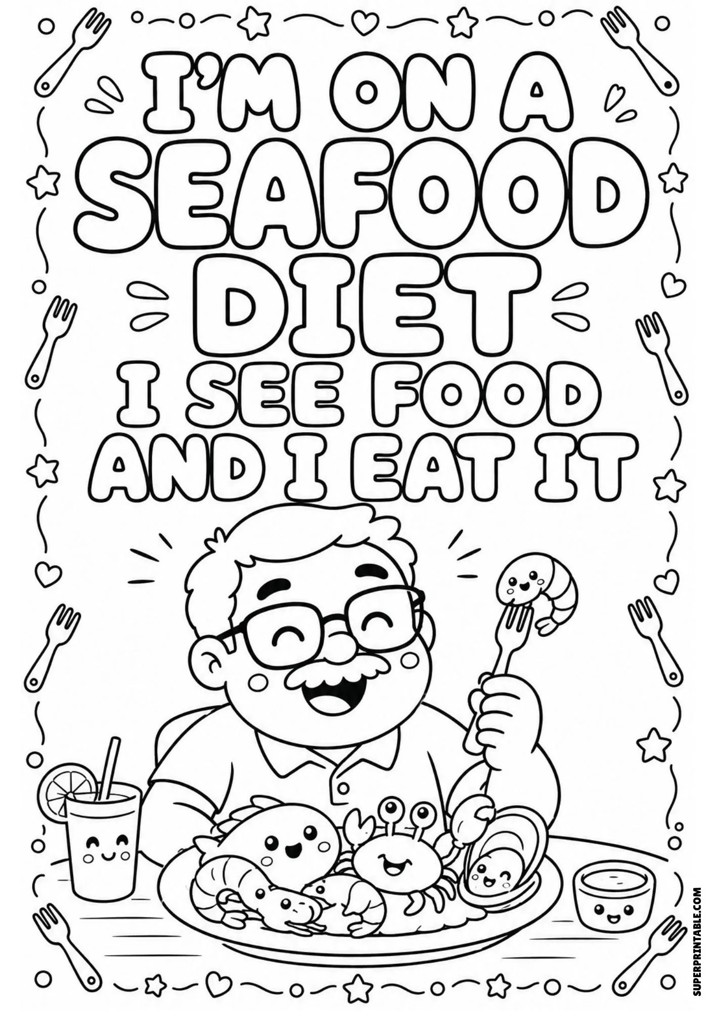 Funny seafood diet joke printable page with cute cartoon sea creatures on a dinner plate.
