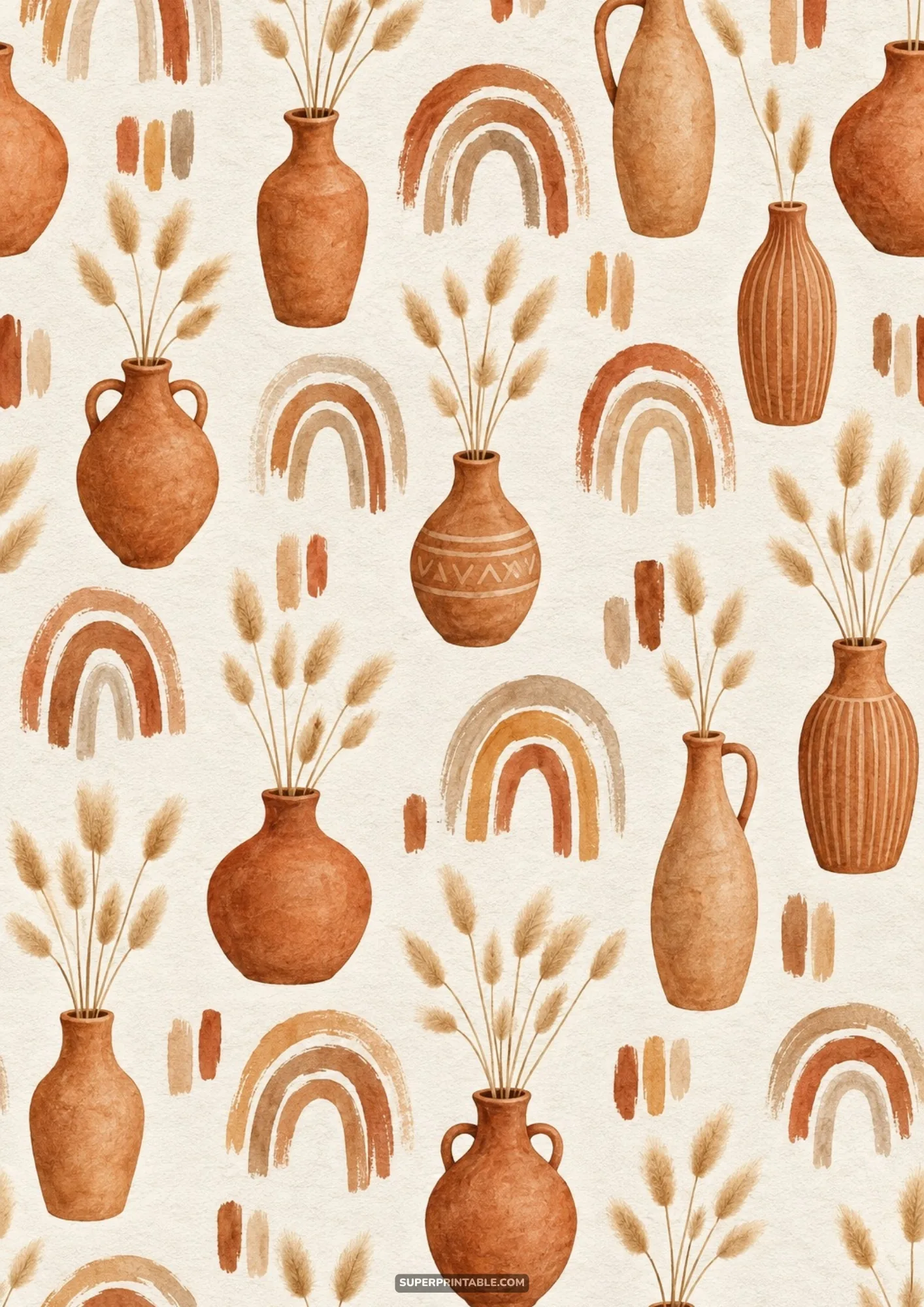 Bohemian repeating pattern displaying earthy terracotta vases, pampas grass sprigs, and painted rainbows.