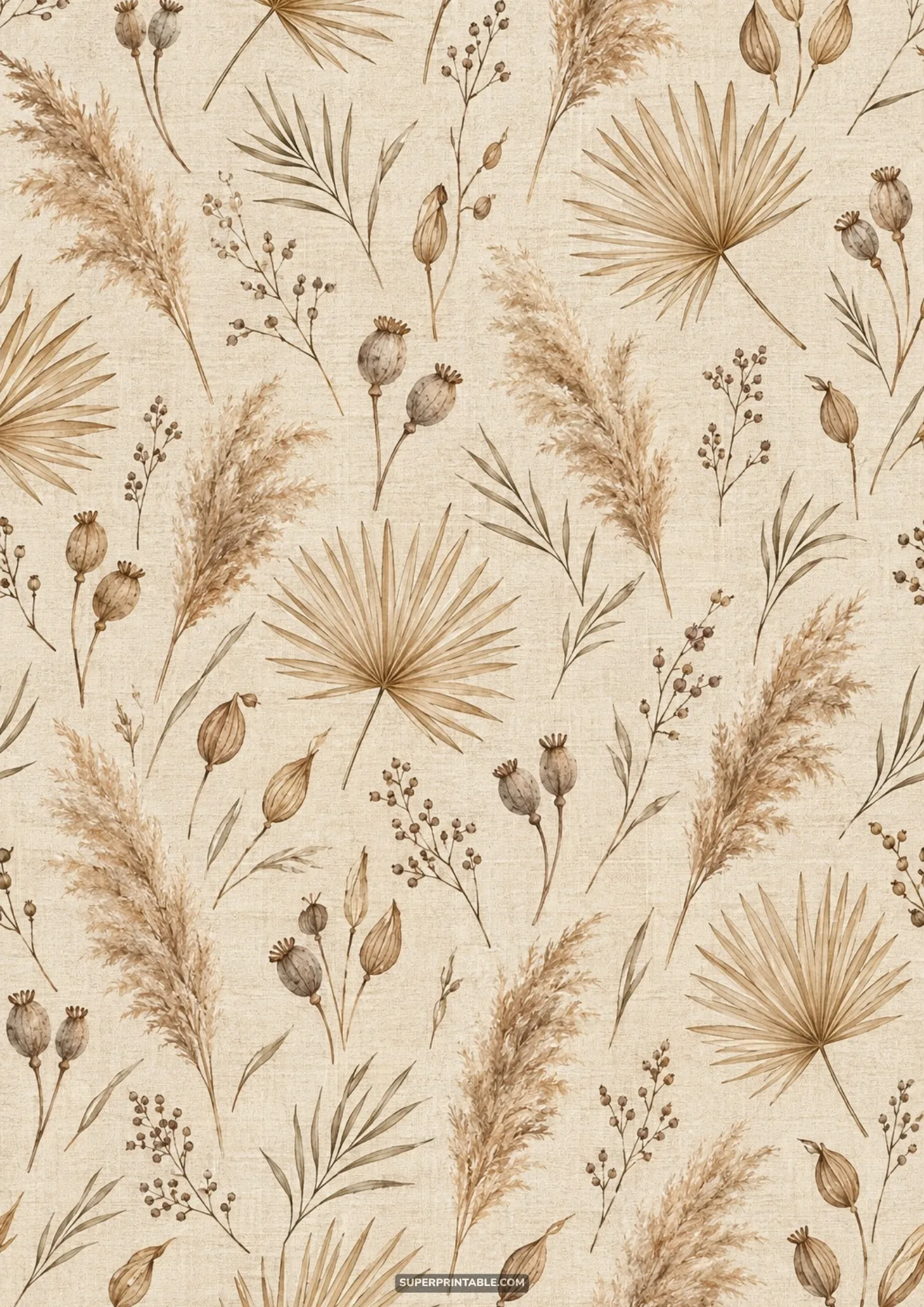 Seamless botanical pattern featuring dried pampas grass, palm leaves, and poppy seed pods on linen.