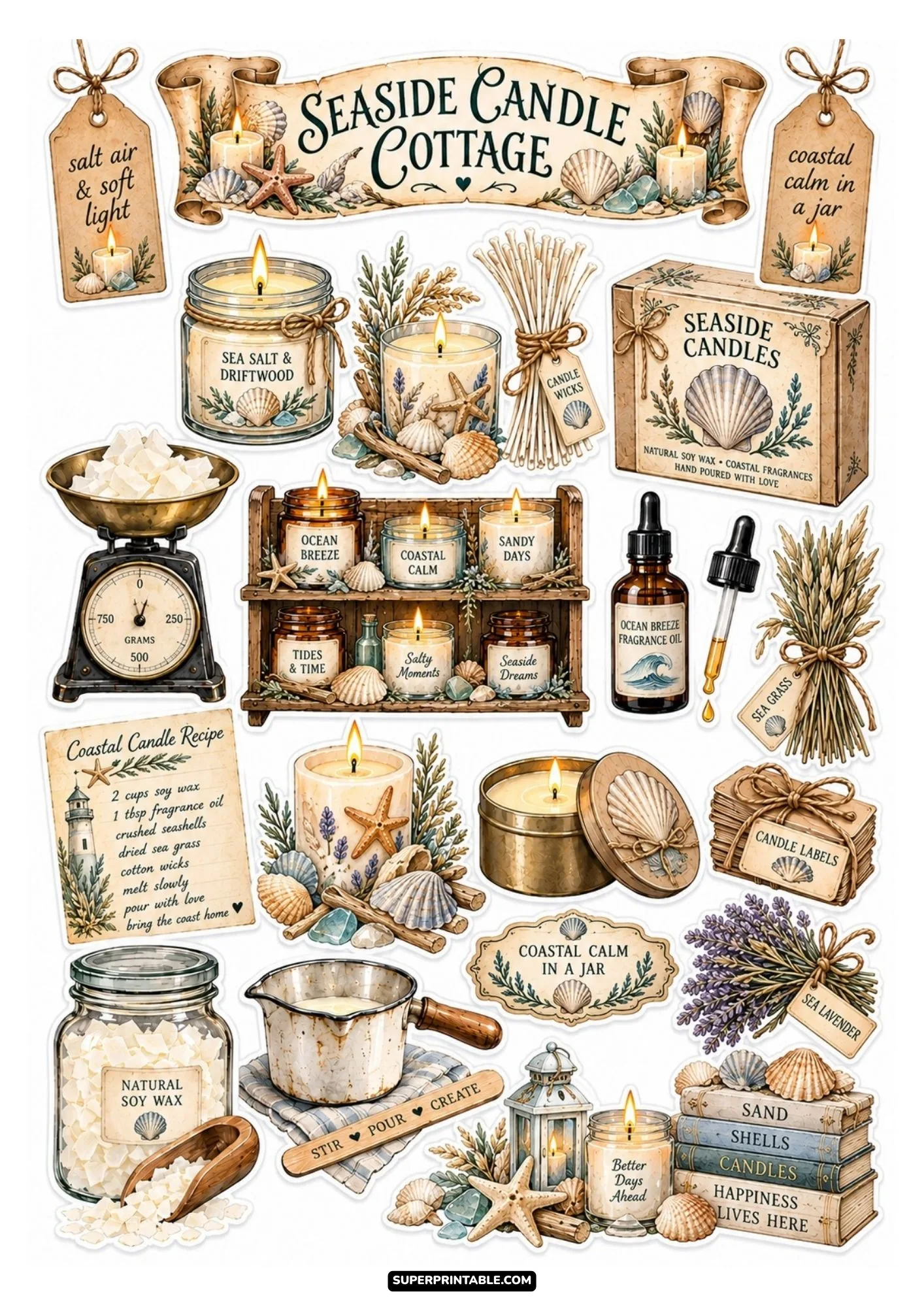 Seaside candle cottage sticker sheet displaying ocean sea salt candles, starfish, seashells, and coastal decor.