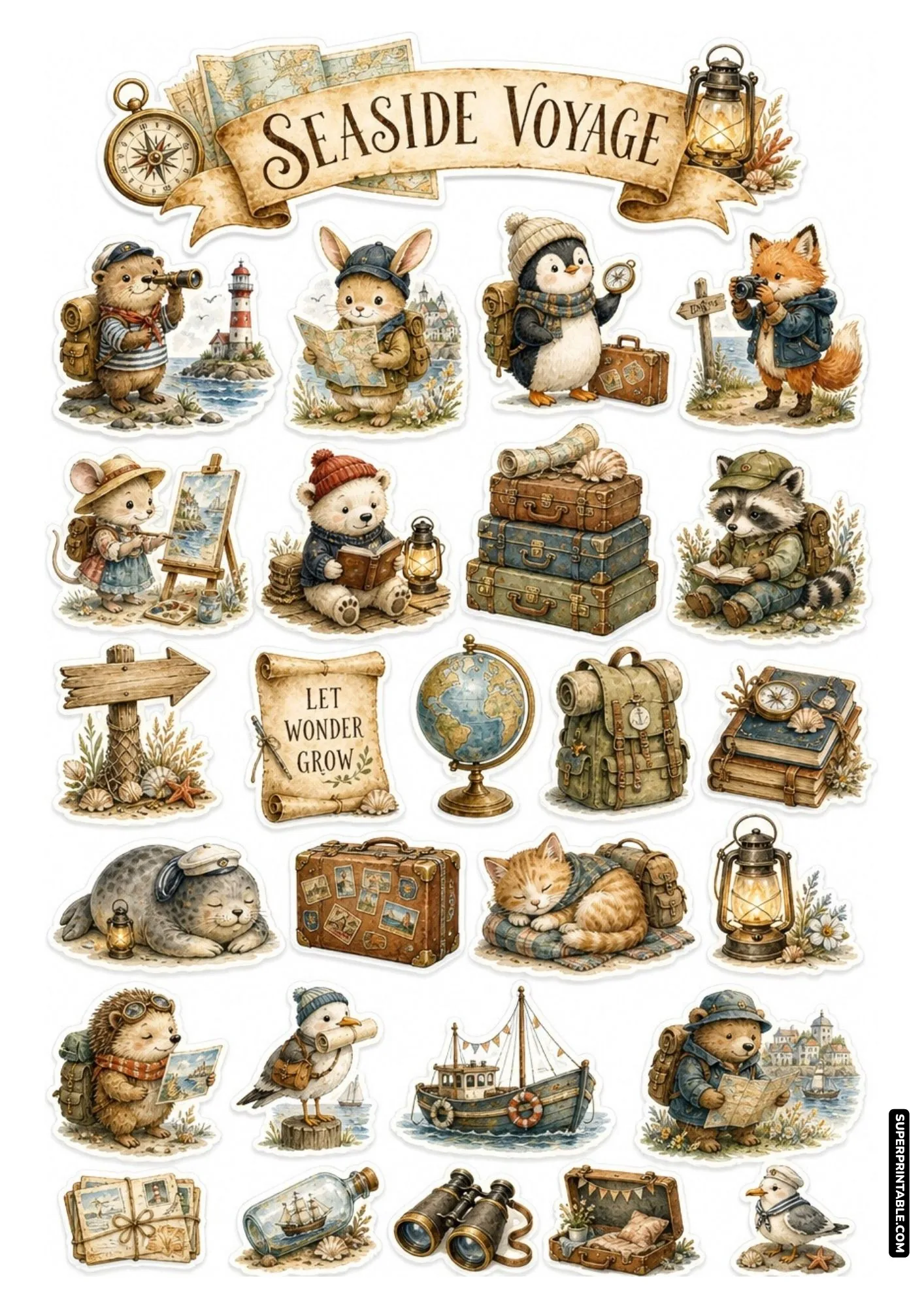 Seaside voyage sticker sheet featuring coastal animals, vintage boat, and ship in bottle