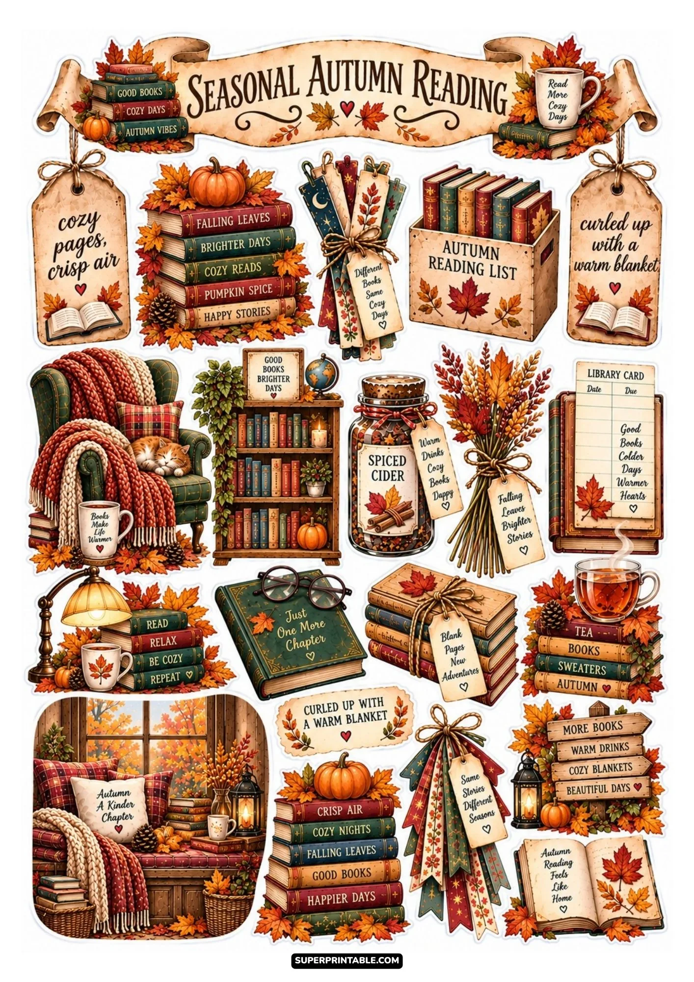Seasonal autumn reading sticker sheet with fall leaves, pumpkins, spiced cider, and cozy blankets.