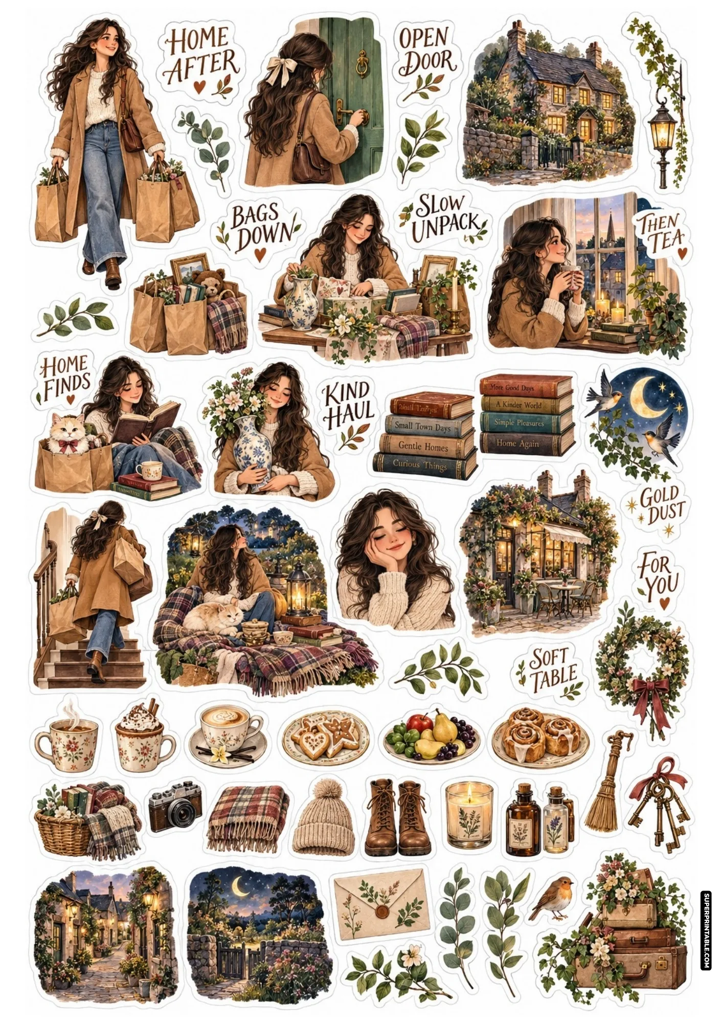 Secondhand haul stickers depicting a girl arriving home with paper bags to unpack vintage decor.