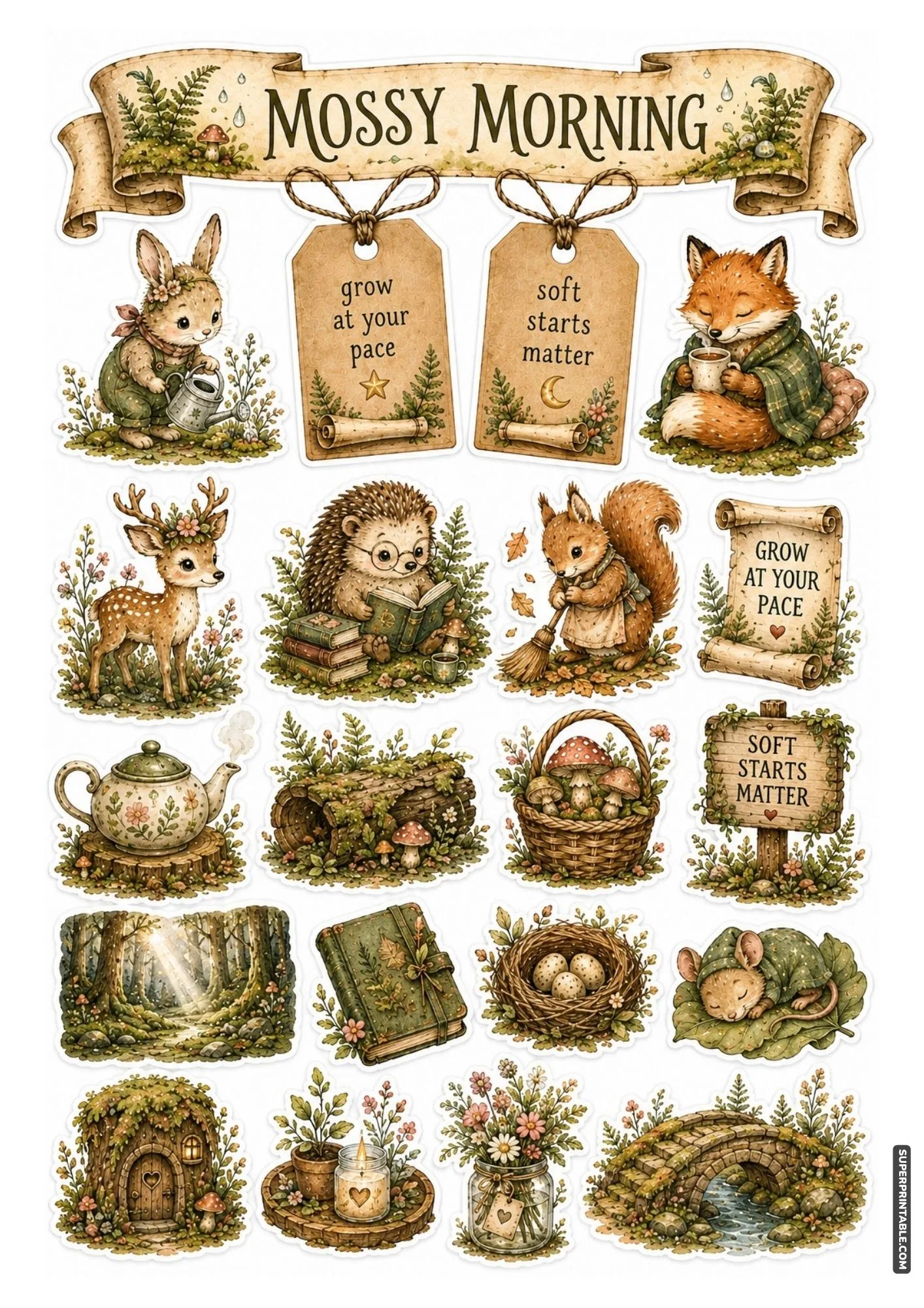 Mysterious forest animal stickers exploring hidden doors, secret paths, and antique keys.