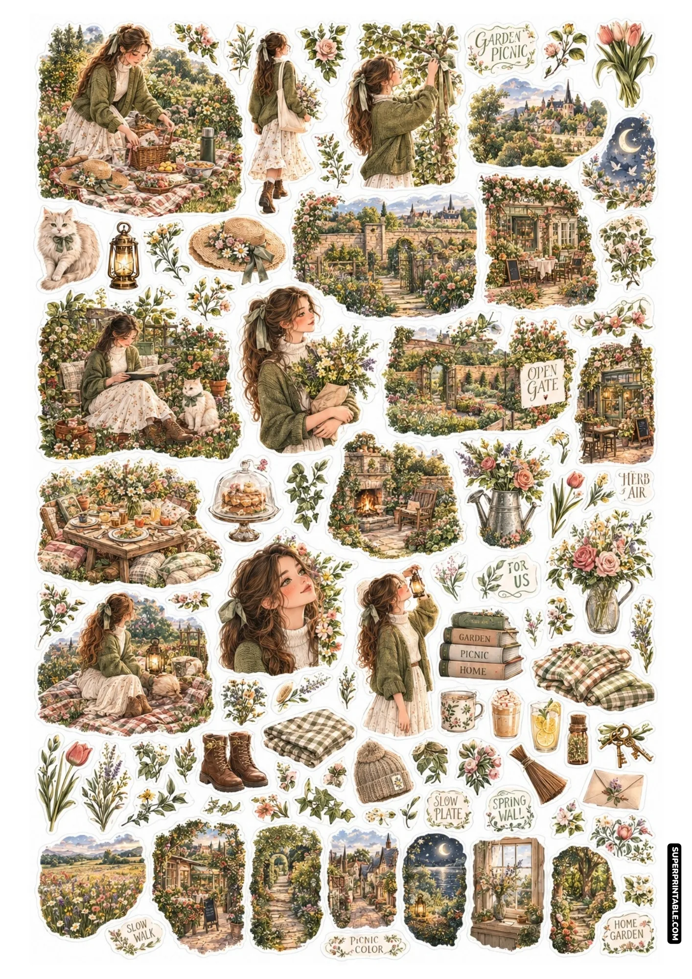 Green garden sticker sheet with girl reading among lush flowers, stone arches, and tea table.