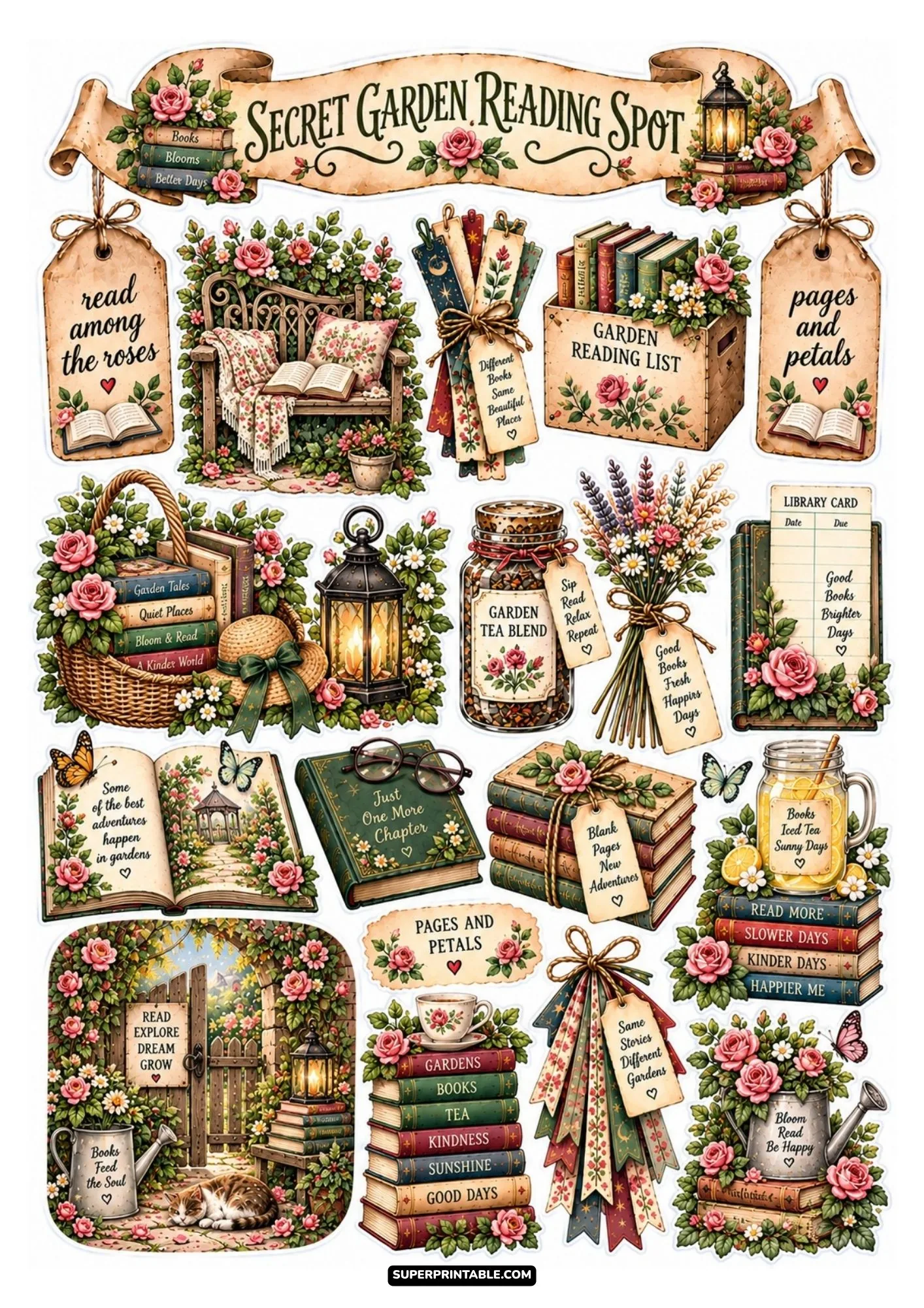 Secret garden reading spot sticker sheet adorned with blooming roses, garden benches, and floral books.