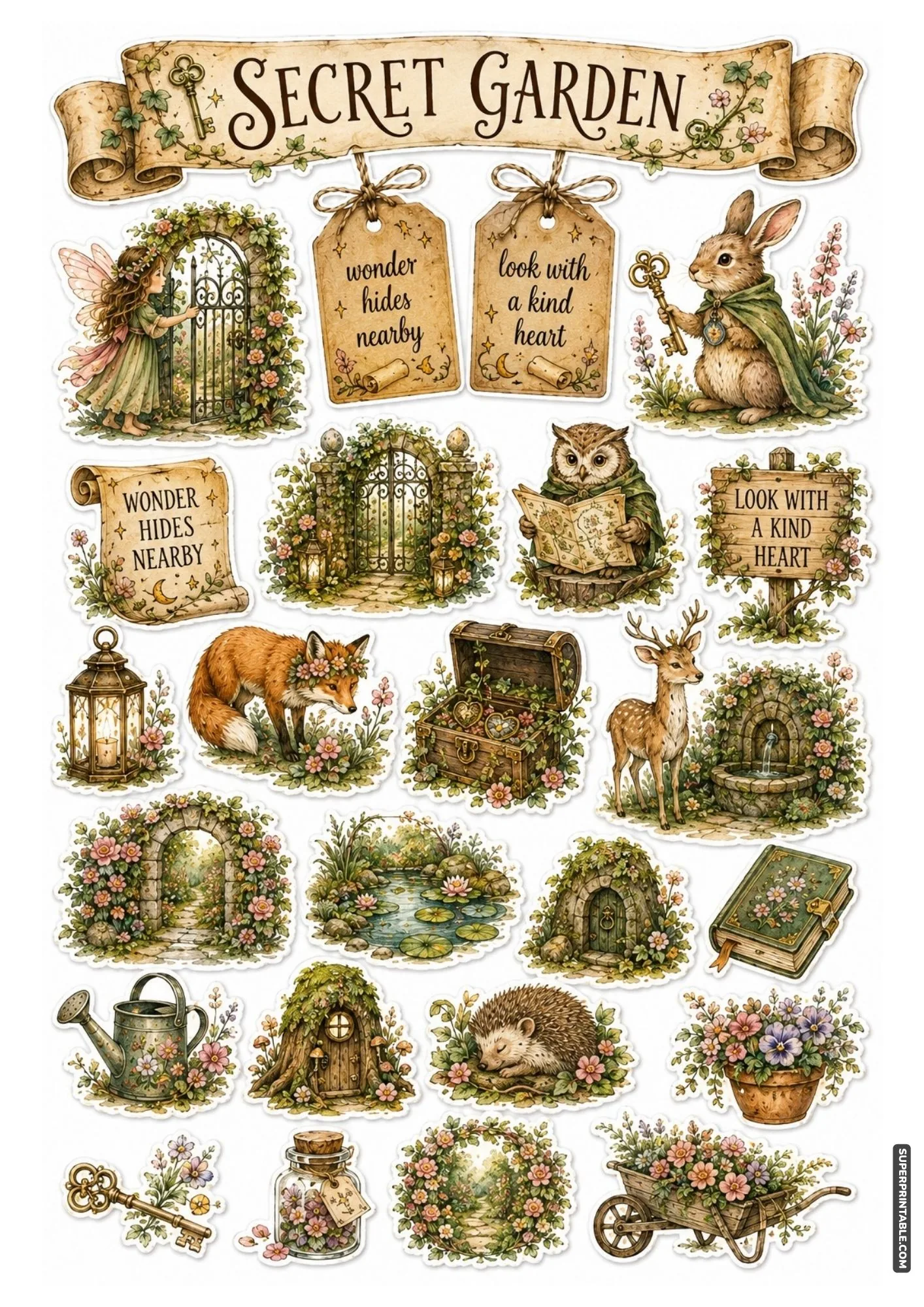 Enchanting secret garden stickers with vintage iron gates, antique keys, and fountains.