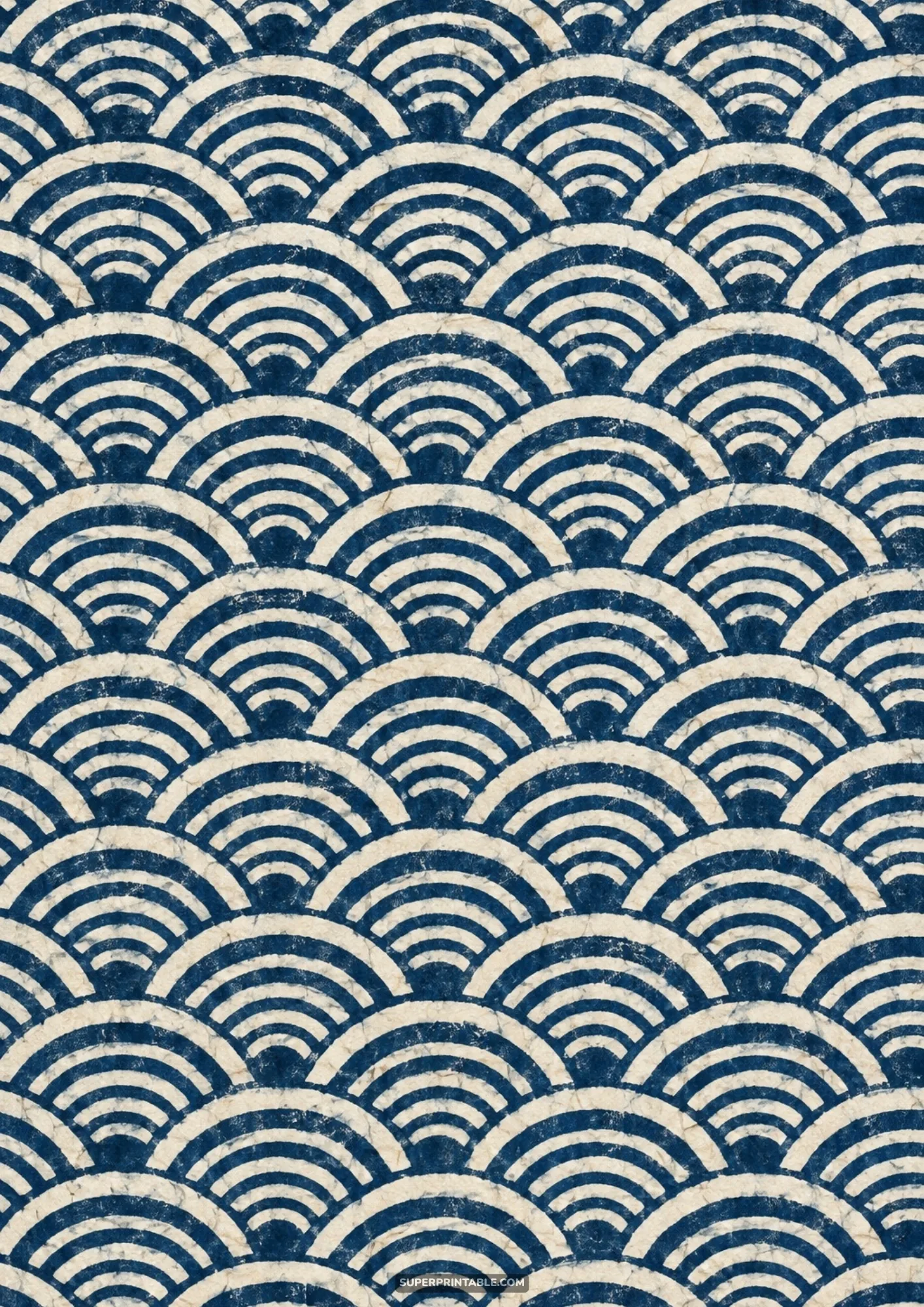 Seigaiha wave pattern resist dyed in deep indigo with arched overlapping fan scales