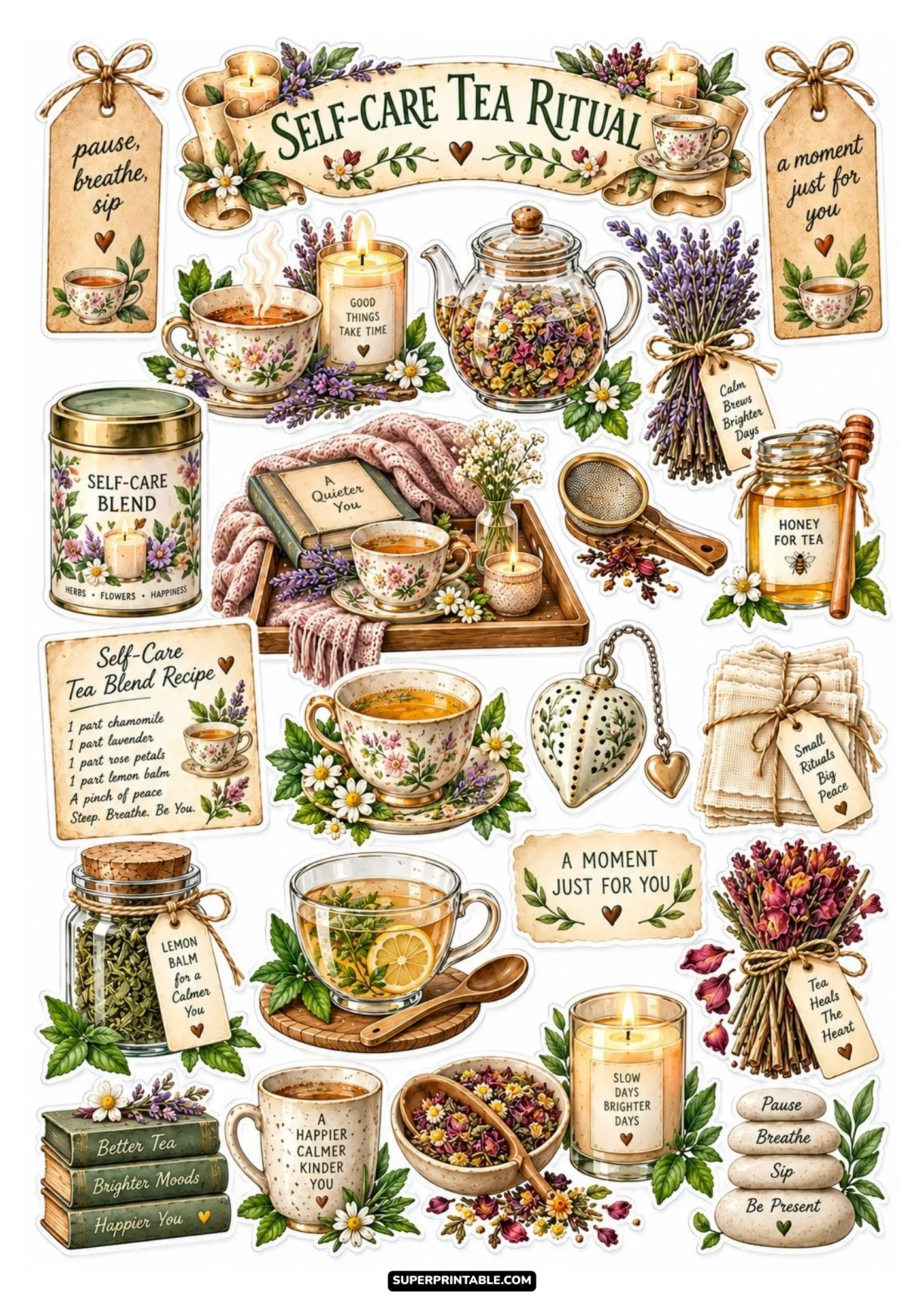 Self care tea ritual sticker sheet showing lavender bundles, teacups, candles, and relaxing journal labels.