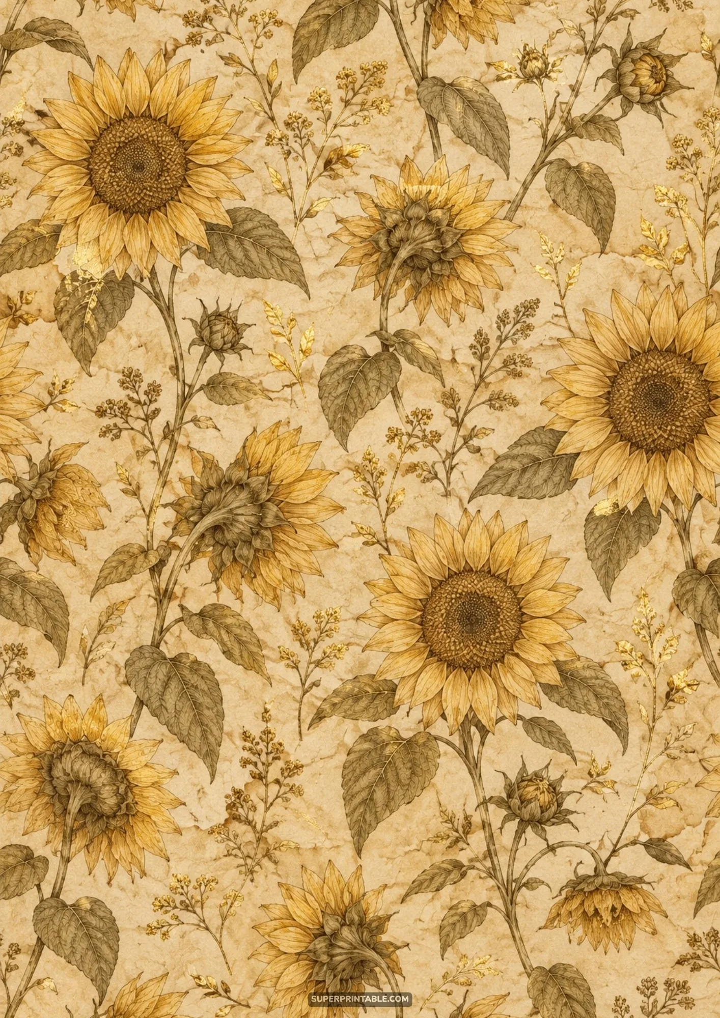 Antique sepia botanical etching style repeat design depicting delicate line-drawn sunflowers on parchment paper