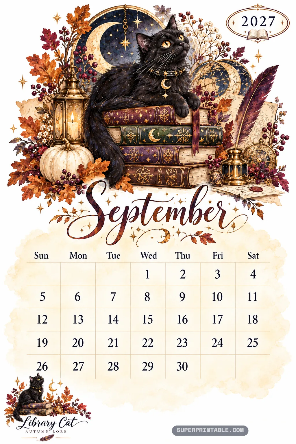 Black cat perched on a stack of celestial leather-bound books beside a feather quill and white pumpkin