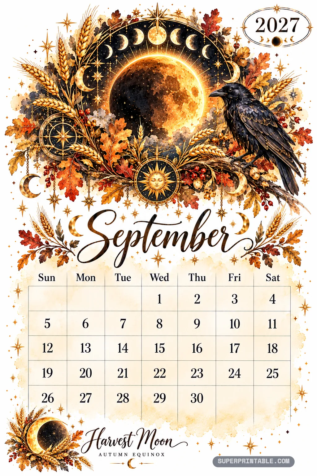 Black raven on autumn oak branch beside golden wheat sheaves and glowing harvest moon