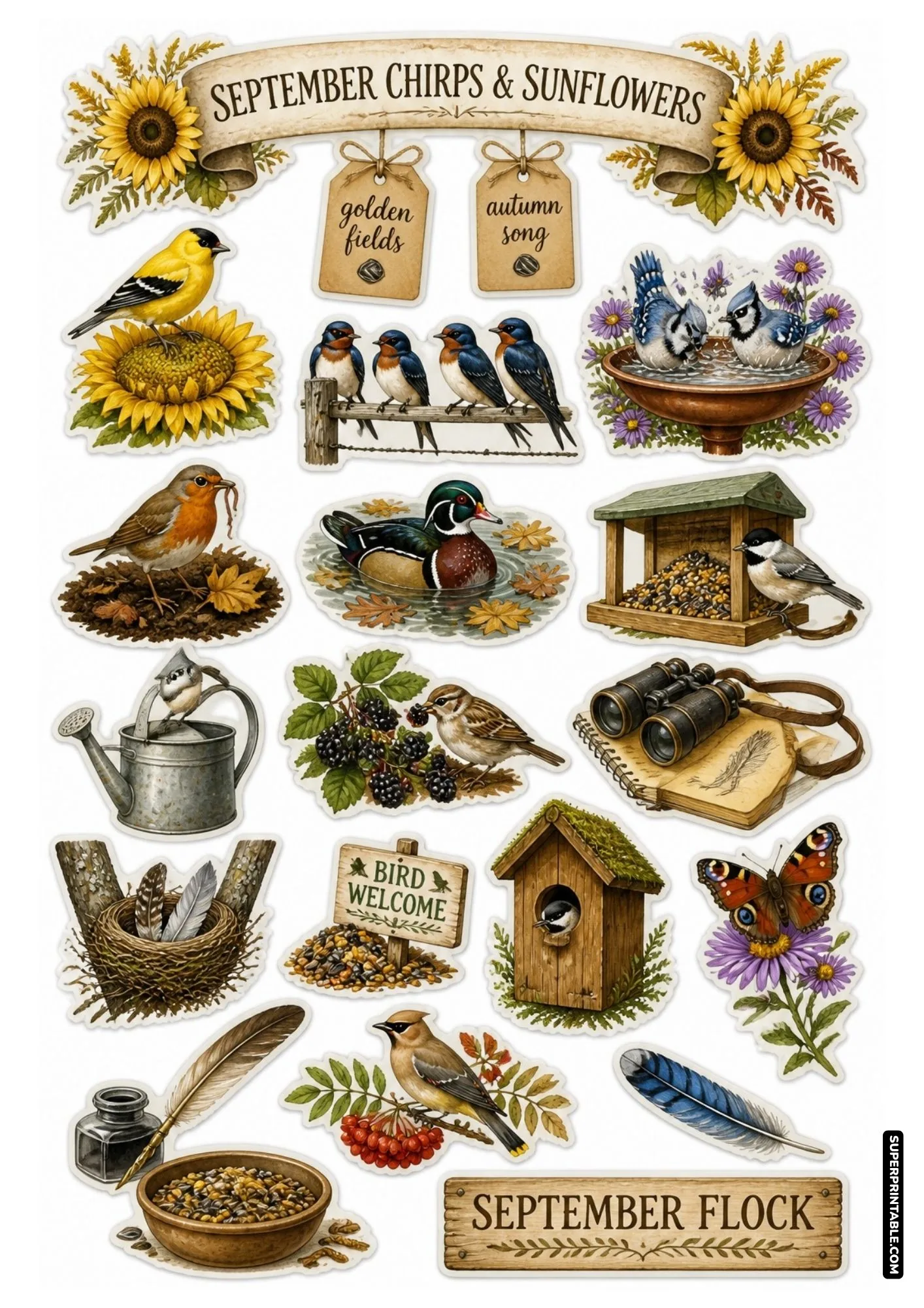 Printable September autumn bird sticker sheet featuring bright yellow sunflowers and songbirds.