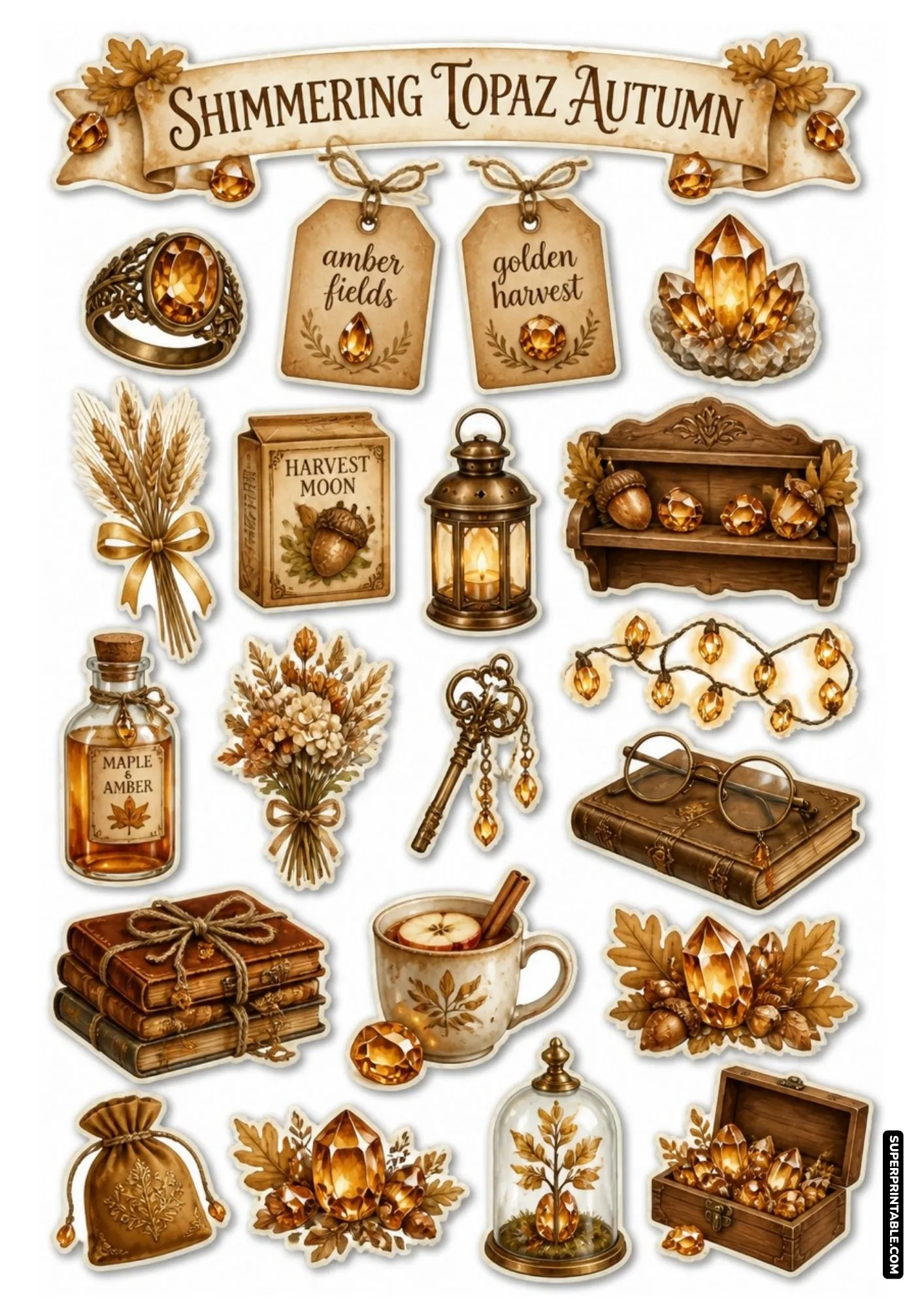 Golden amber topaz crystals, autumn leaves, acorns, and spiced cider mug printable sticker sheet.