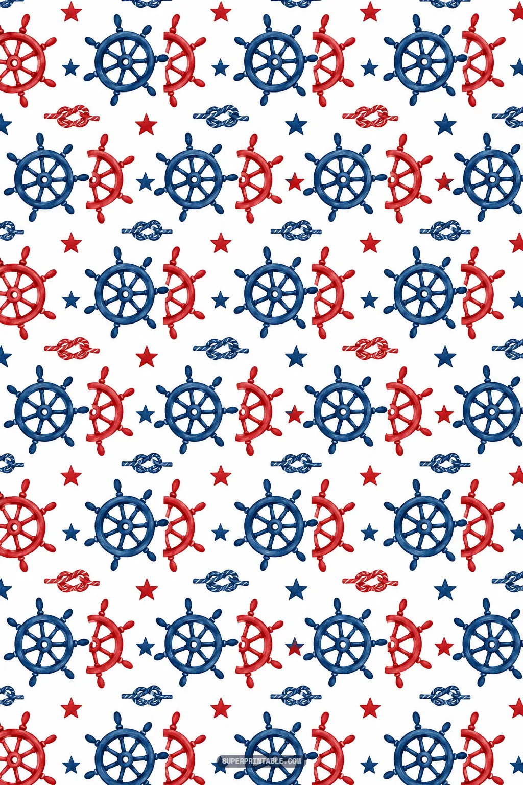 Navy blue and red helm steering wheels paired with nautical figure-eight rope knots and scattered stars