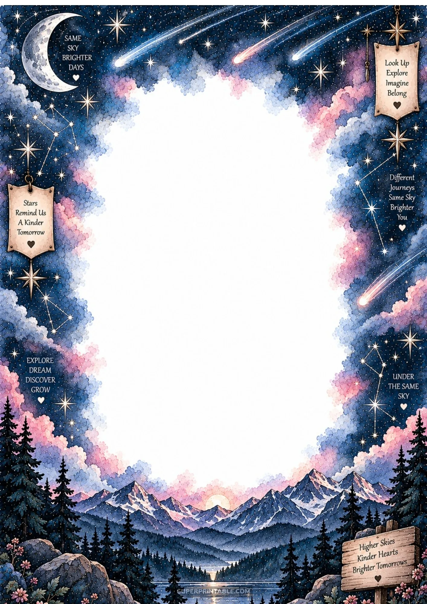 Dramatic shooting stars and crescent moon soaring over snowy alpine peaks and pine forest ridges.