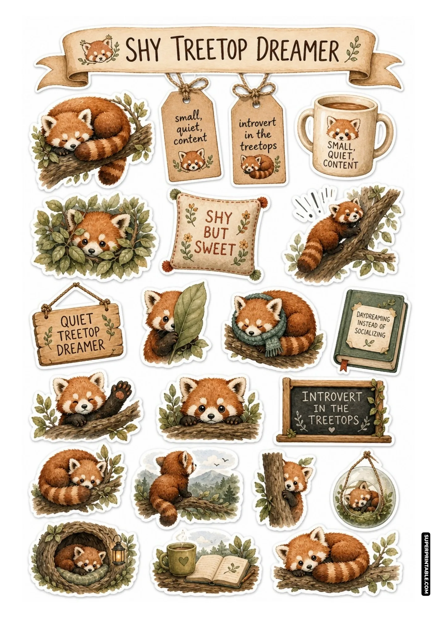 Adorable red panda stickers napping on branches, hiding behind leaves, and admiring mountain landscapes
