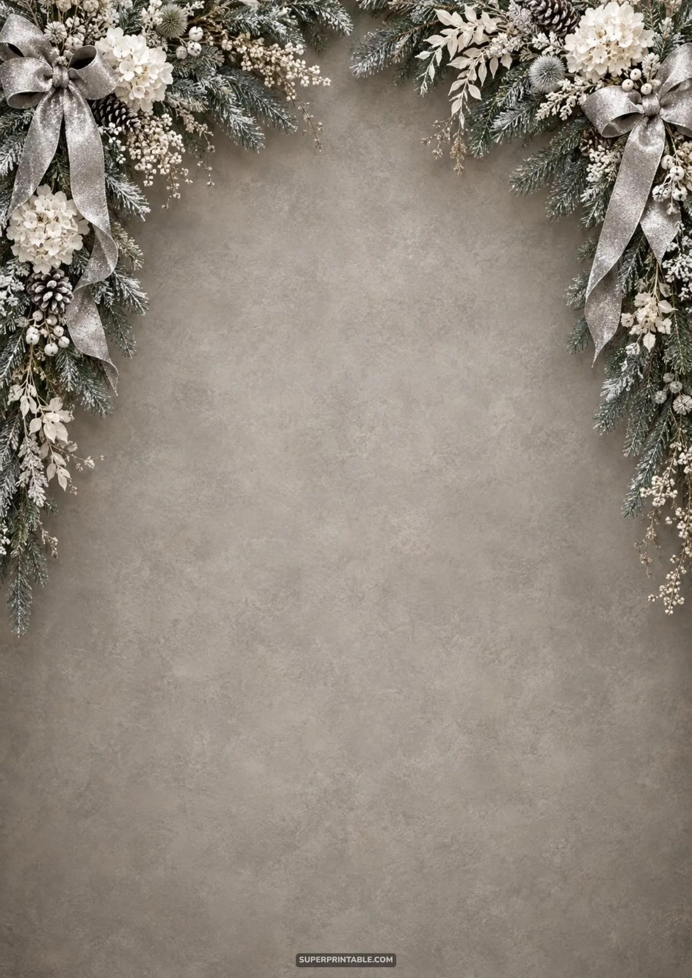 Frosted evergreen corner garlands with silver bows and white flowers on a textured grey background