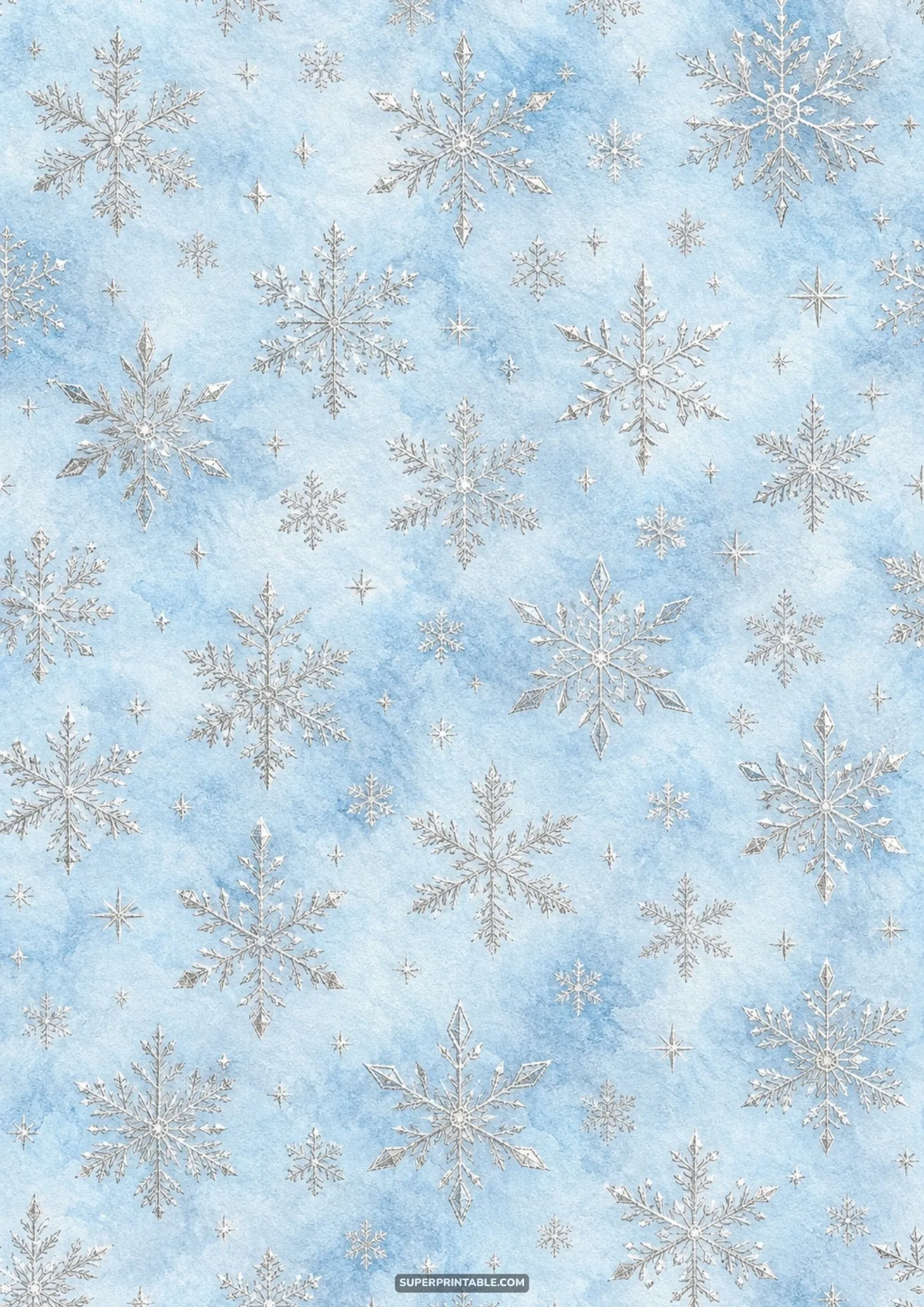 Detailed silver crystal snowflakes scattered across a soft powder blue watercolor wash textured paper