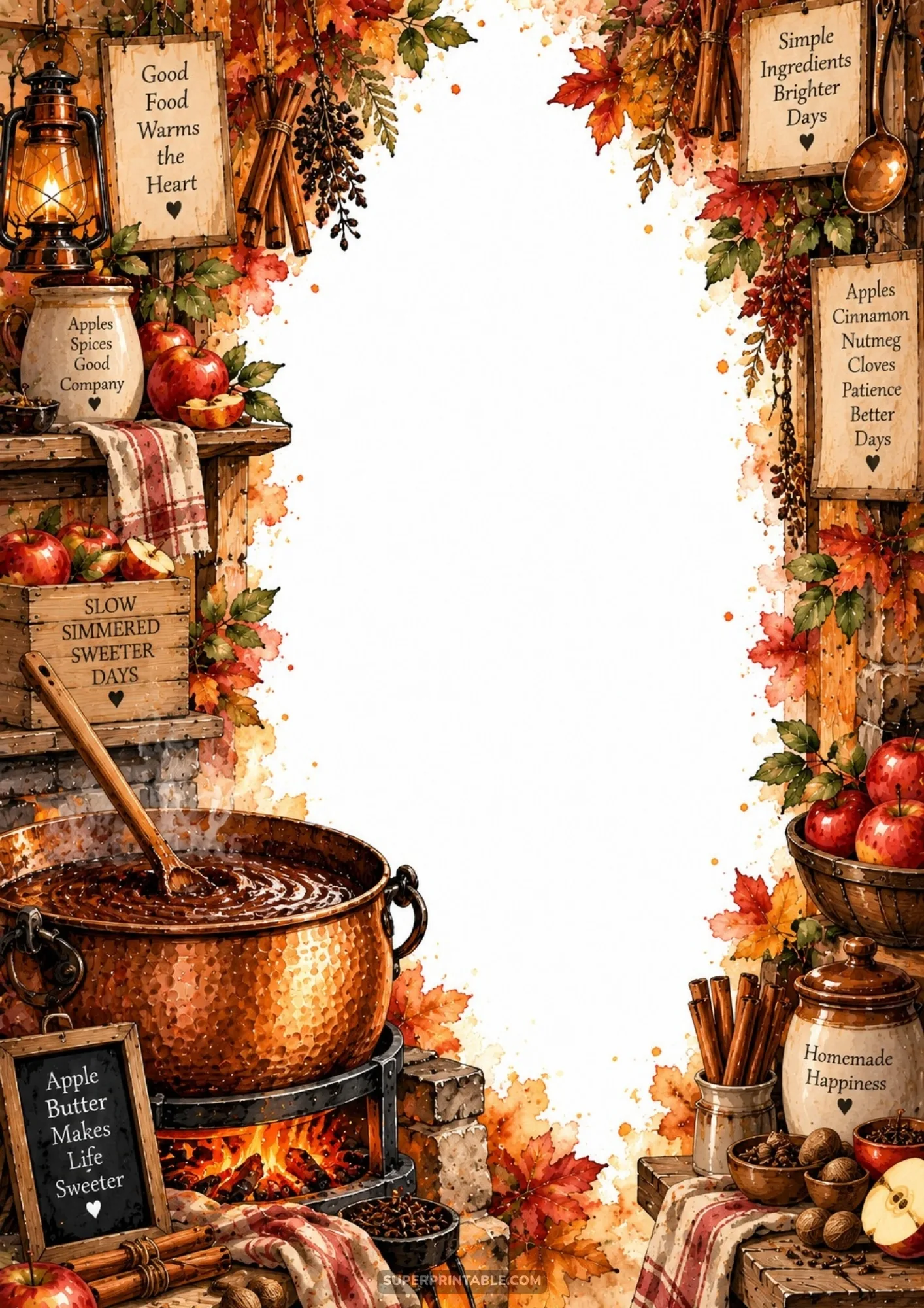 Hammered copper pot simmering apple butter over hearth coals surrounded by spice jars and autumn foliage