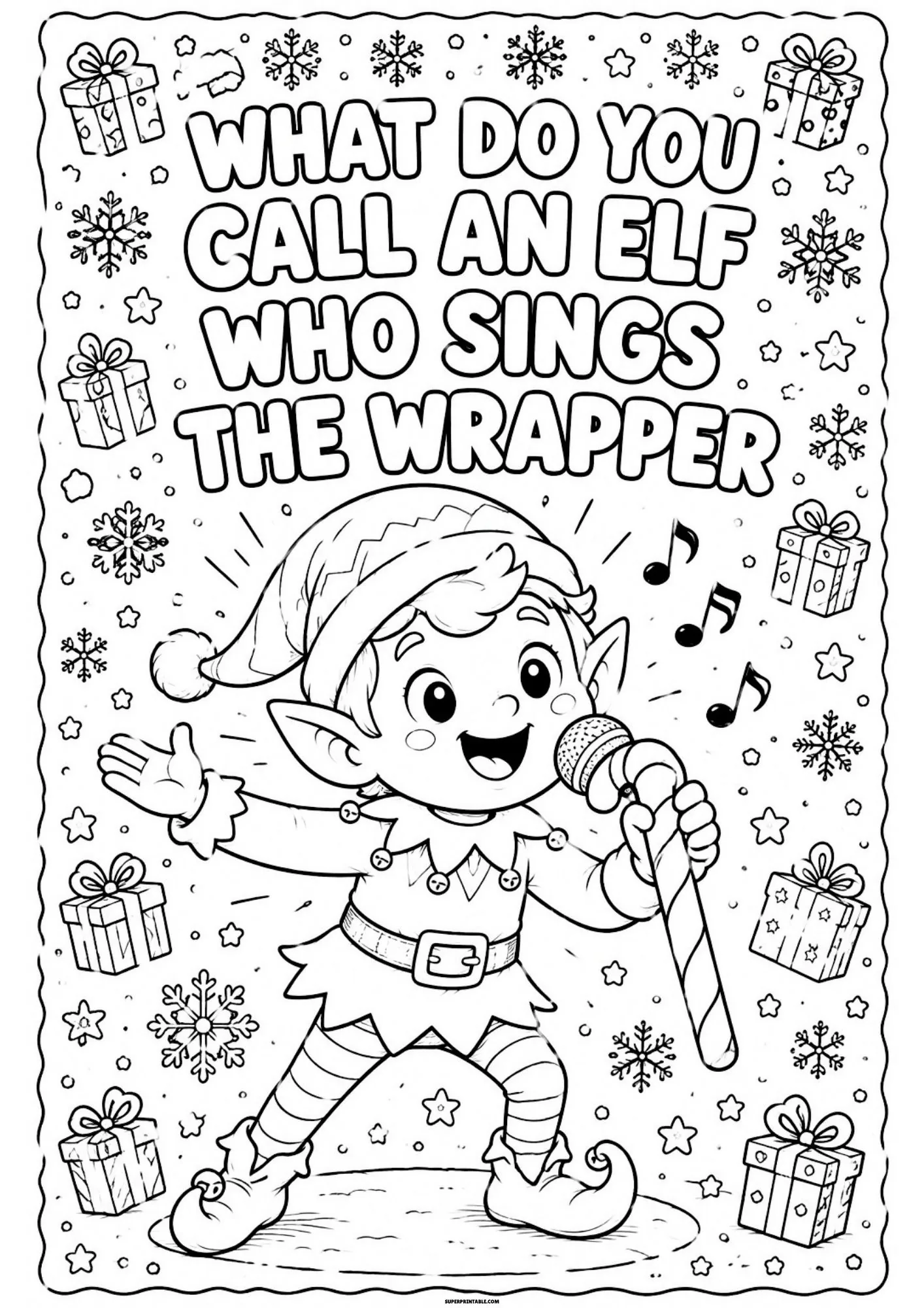 Cheerful christmas elf singing into a microphone surrounded by wrapped gift boxes.