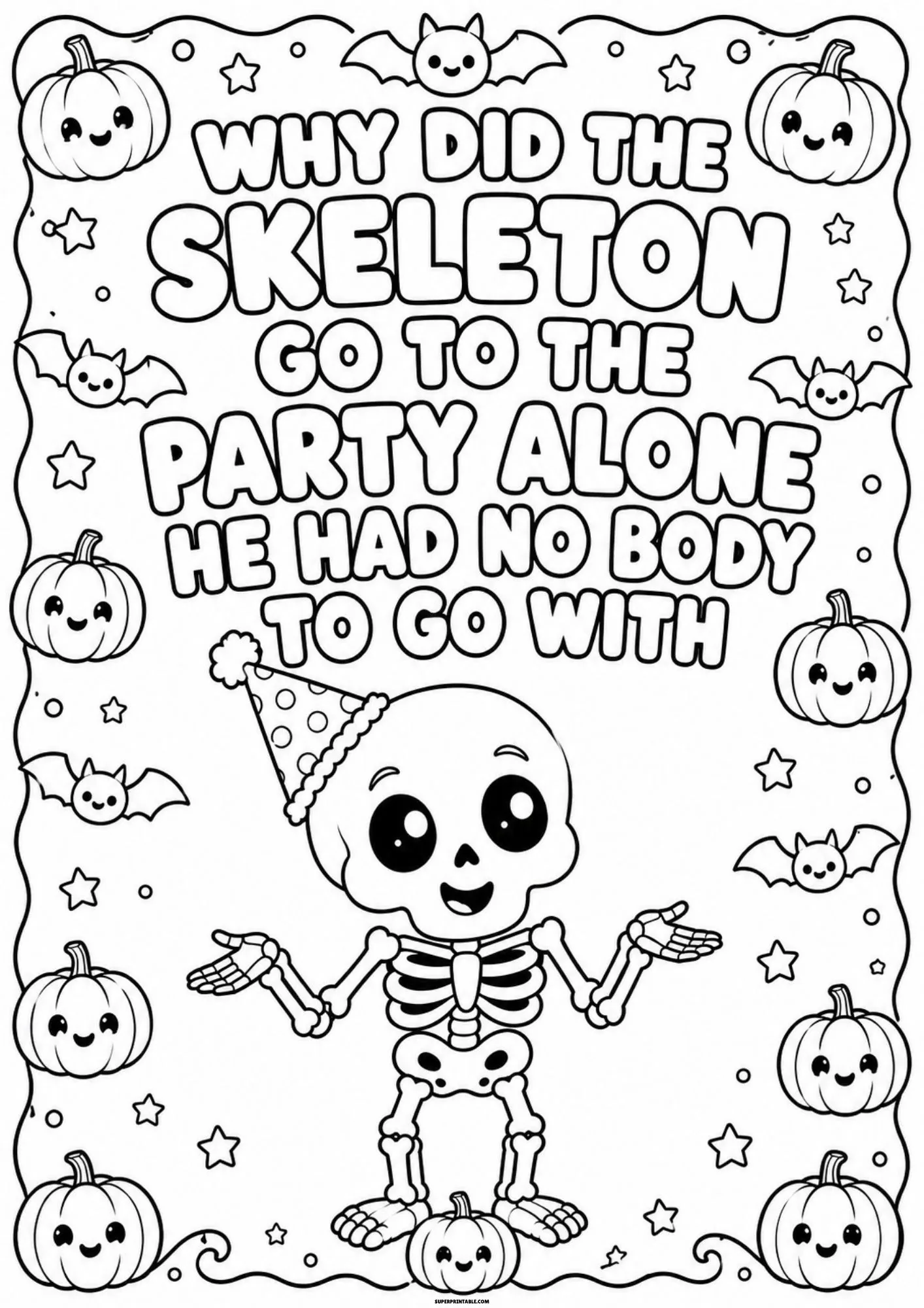 Skeleton party joke coloring page with a cute skeleton in a party hat.