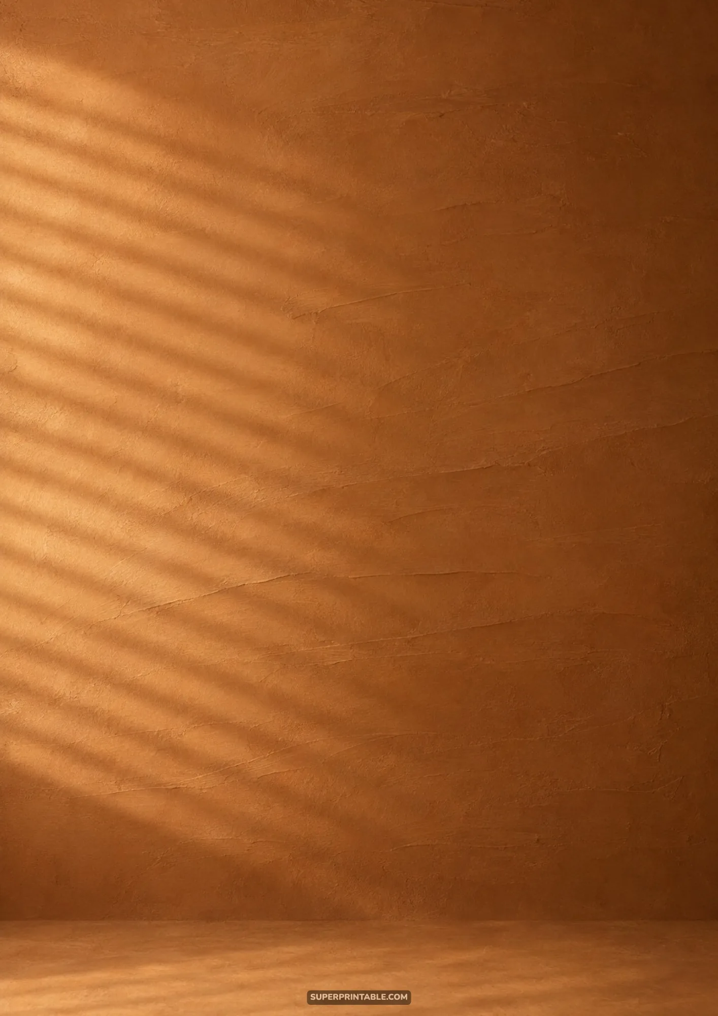 Earthy ochre plaster background displaying rhythmic diagonal shadows cast from window blinds